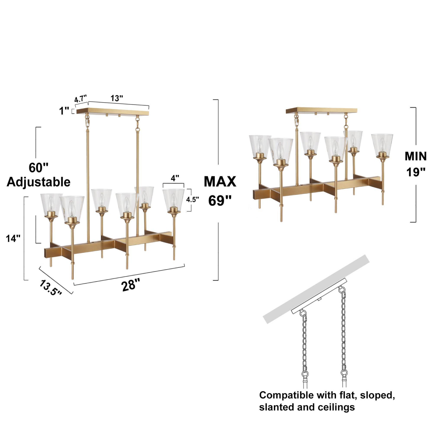 Lustre moderne Gold pour salle à manger, chandelier à 6 lumières en forme d'îlot avec abat-jour en verre transparent