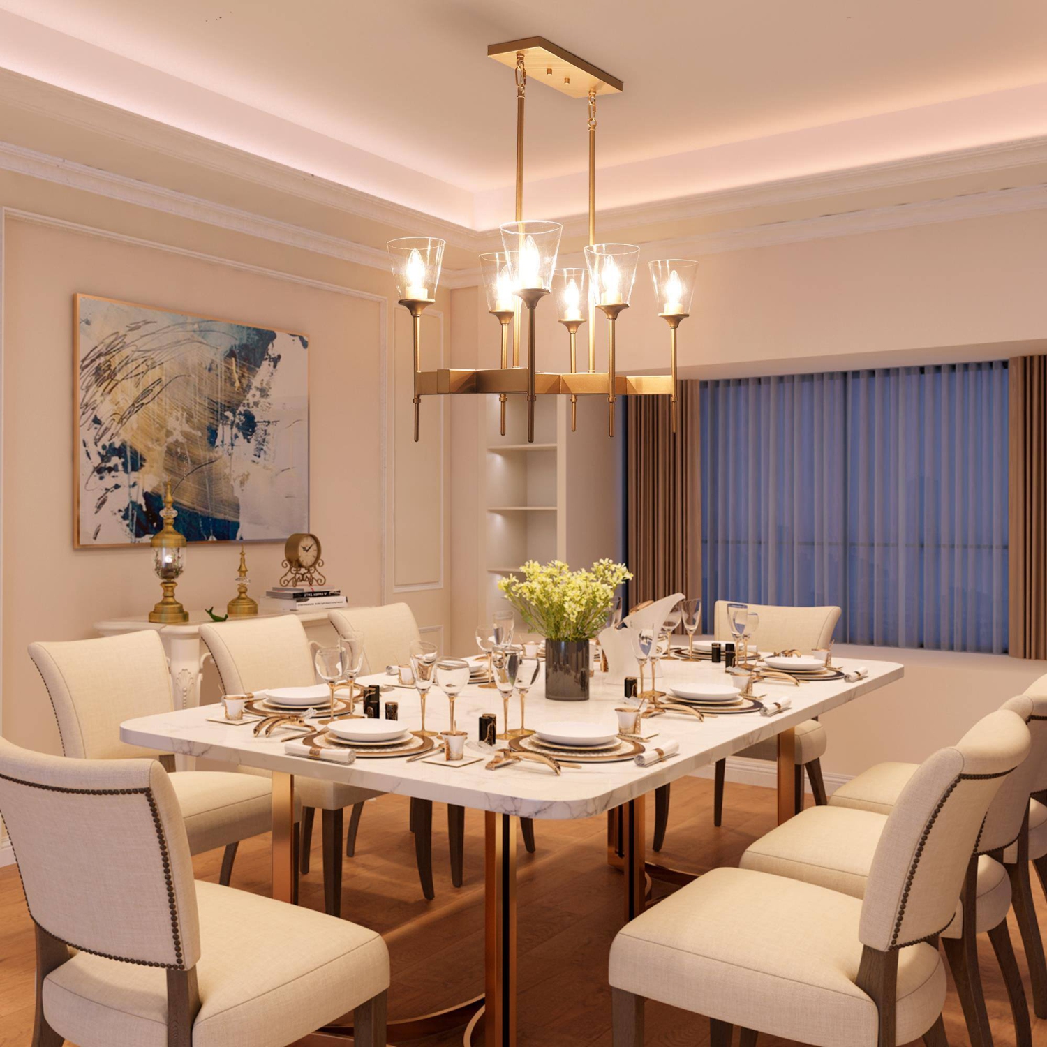 Lustre moderne Gold pour salle à manger, chandelier à 6 lumières en forme d'îlot avec abat-jour en verre transparent