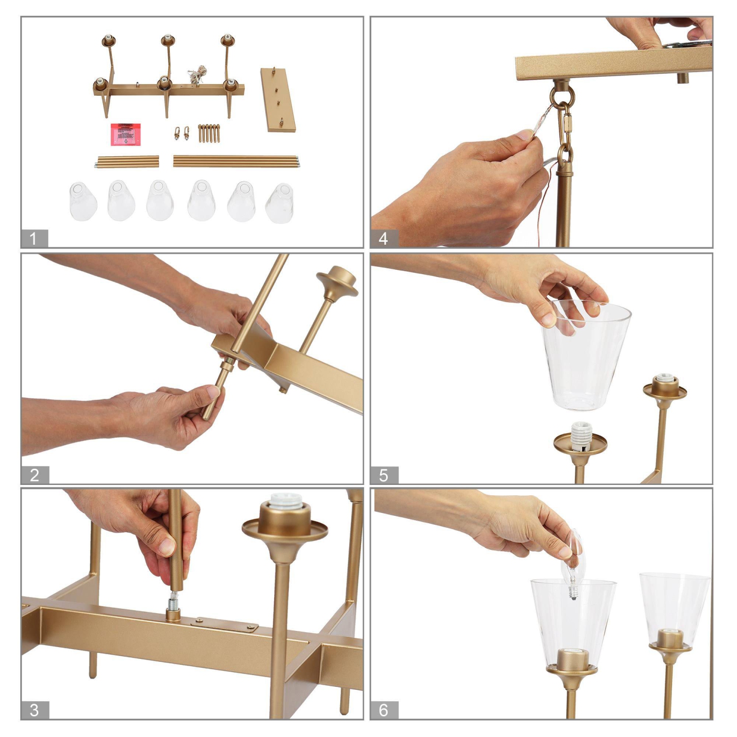 Lustre moderne Gold pour salle à manger, chandelier à 6 lumières en forme d'îlot avec abat-jour en verre transparent