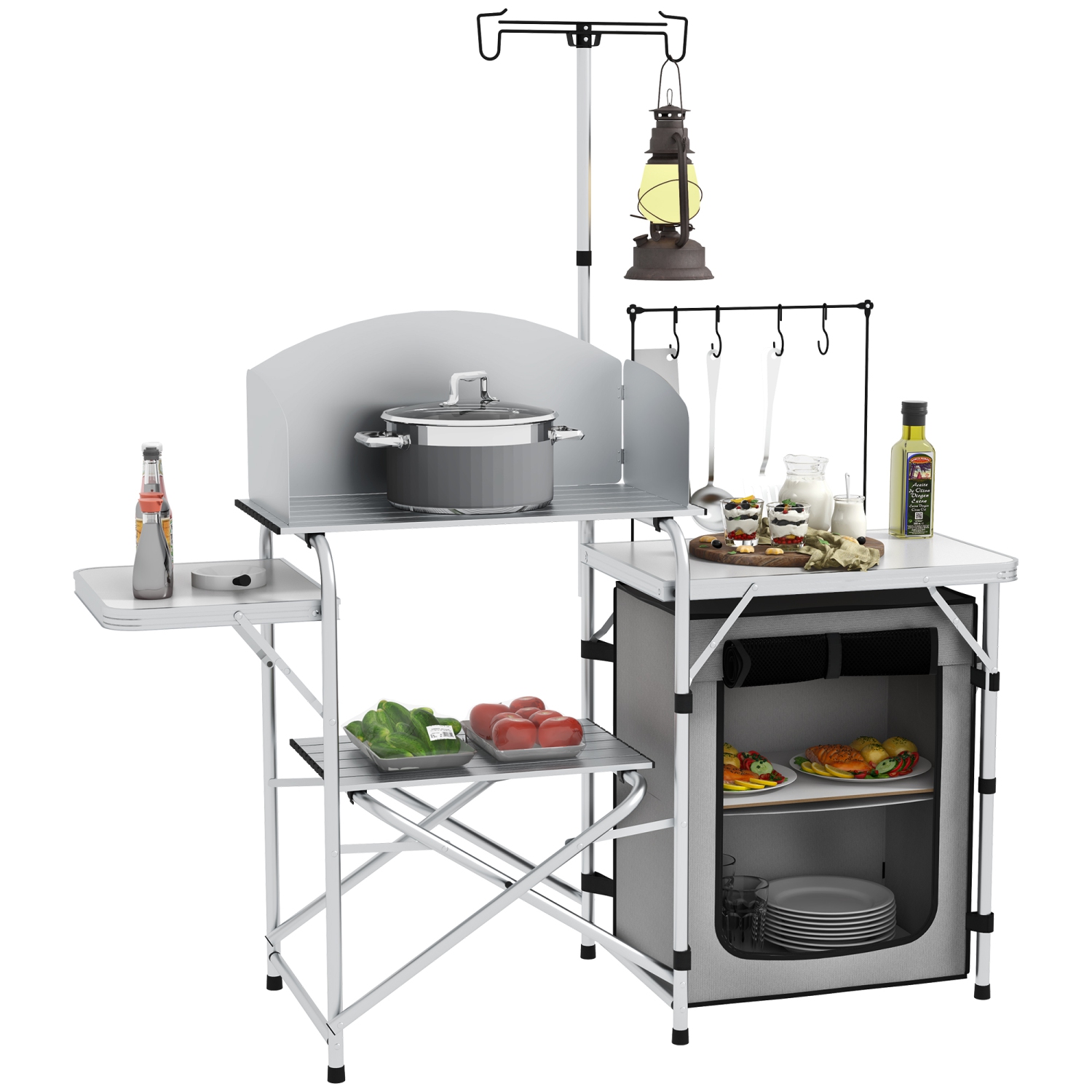 Outsunny Camping Kitchen Table with Storage Organizer, Folding Camping Table, Aluminum Portable Cook Station with Windshield, Light Stand, Carrying