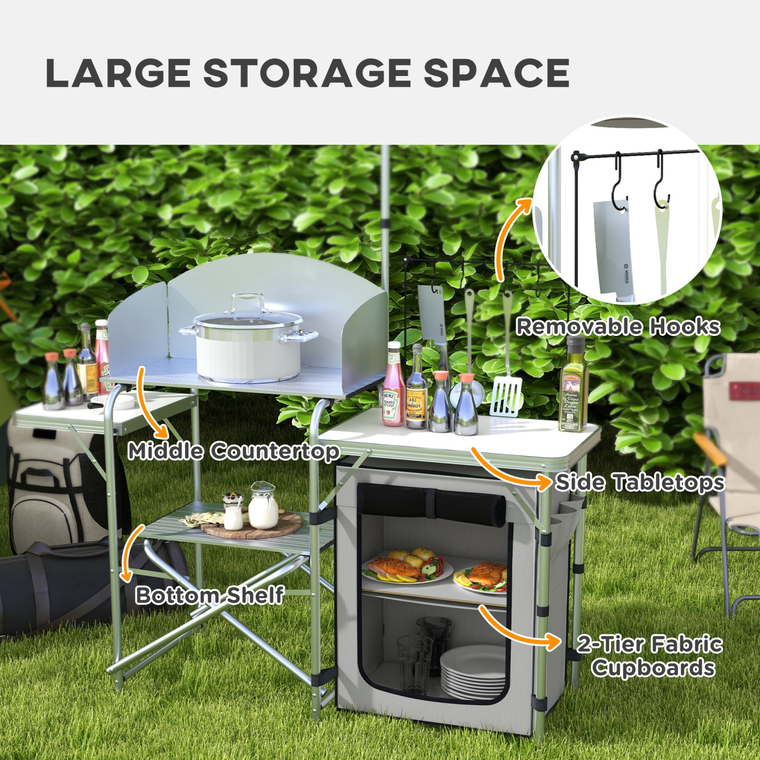 Outsunny Camping Kitchen Table with Storage Organizer, Folding Camping Table, Aluminum Portable Cook Station with Windshield, Light Stand, Carrying