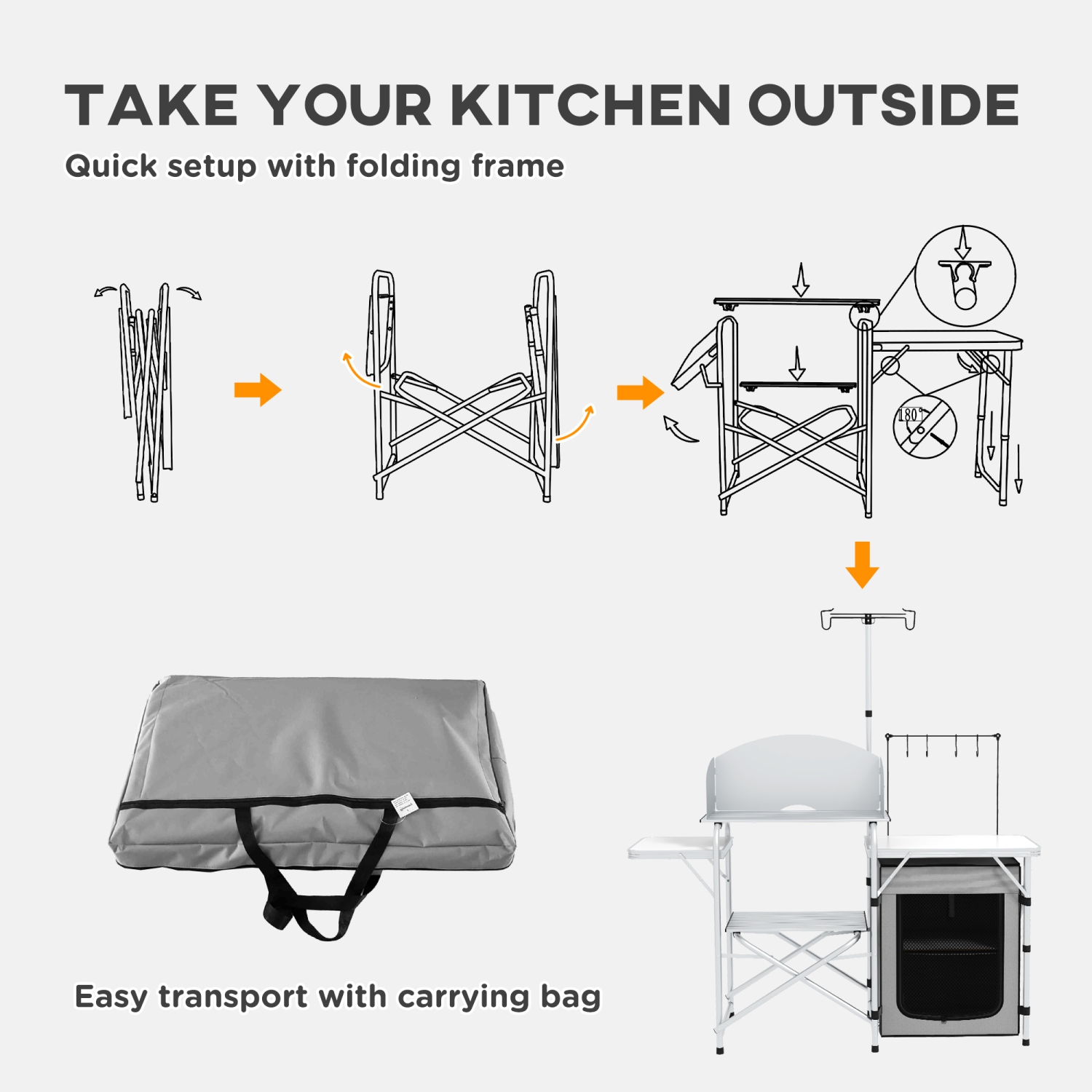 Outsunny Camping Kitchen Table with Storage Organizer, Folding Camping Table, Aluminum Portable Cook Station with Windshield, Light Stand, Carrying