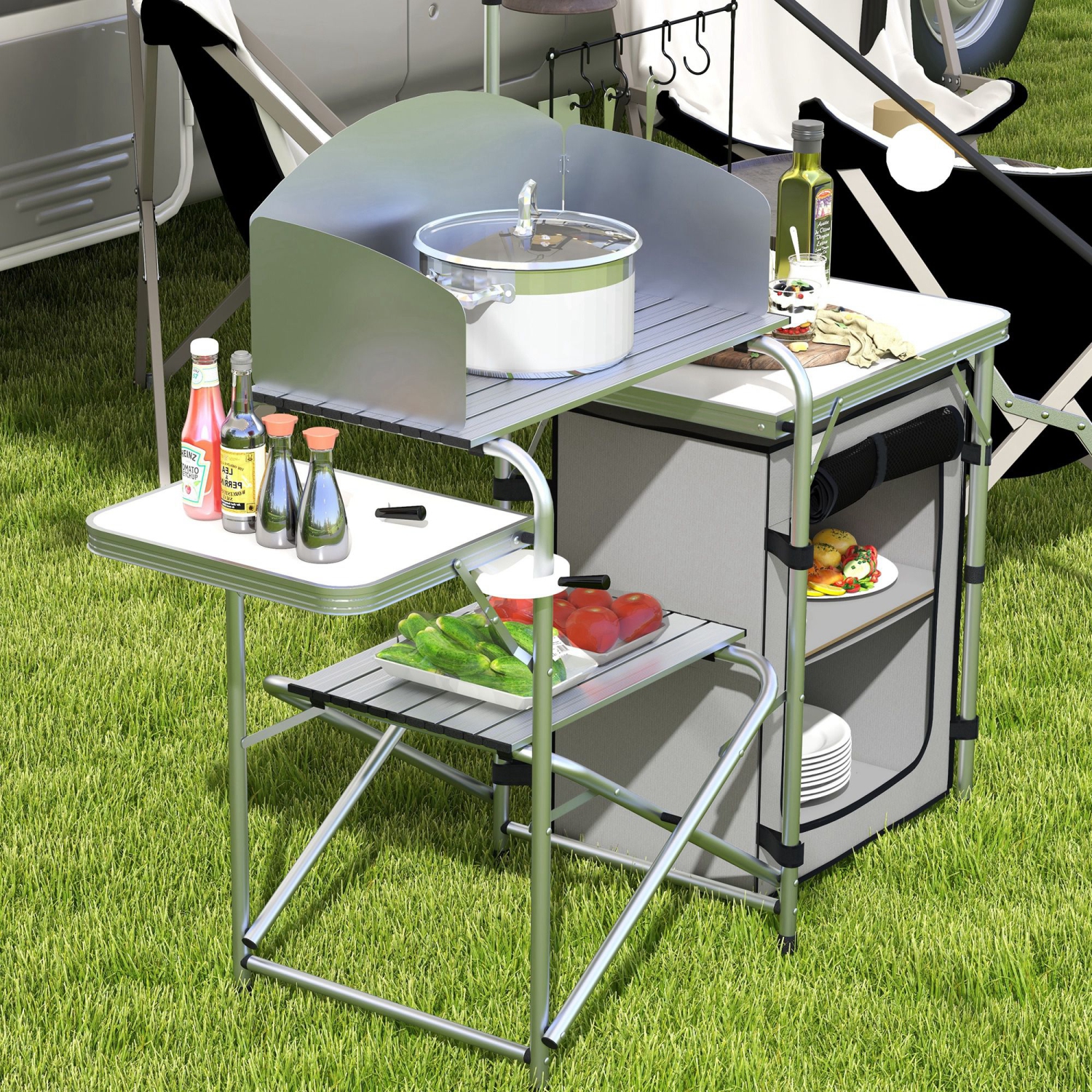 Outsunny Camping Kitchen Table with Storage Organizer, Folding Camping Table, Aluminum Portable Cook Station with Windshield, Light Stand, Carrying