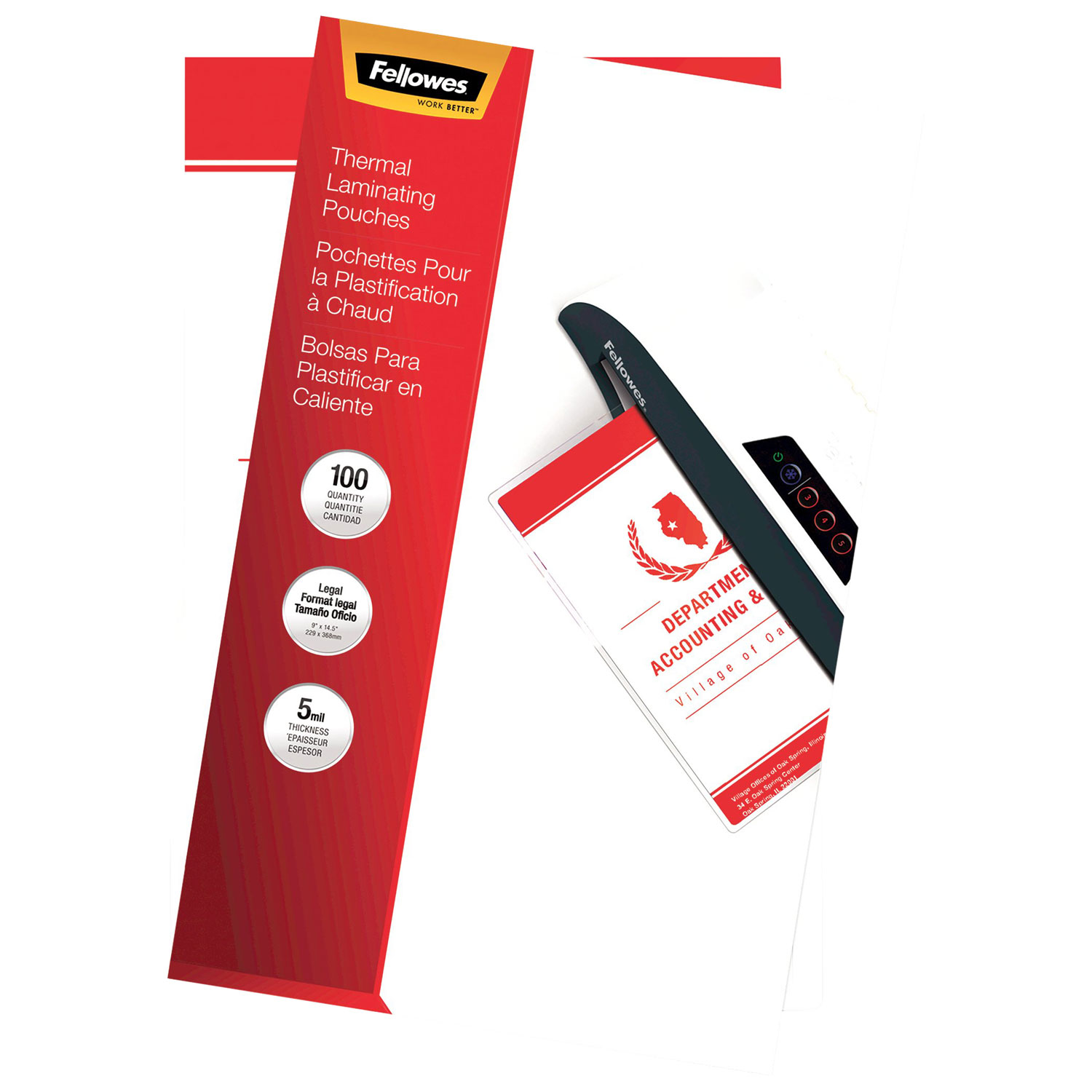 Pochettes de plastification à chaud de 9 x 14,5 po de Fellowes - 5 mil - Paquet de 100