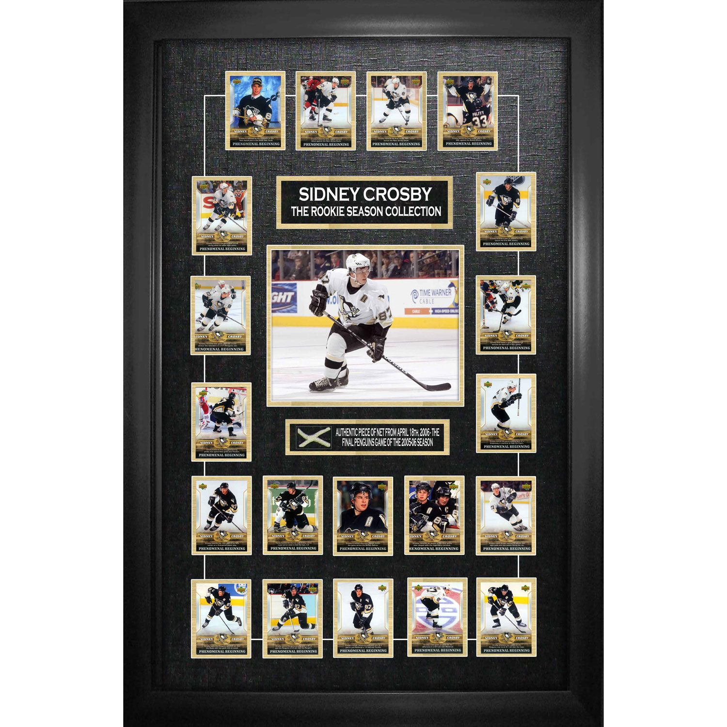 Frameworth Penguins de Pittsburgh : Photo encadrée de Sidney Crosby avec collage de cartes de hockey et morceau de filet de la saison 2005-2006