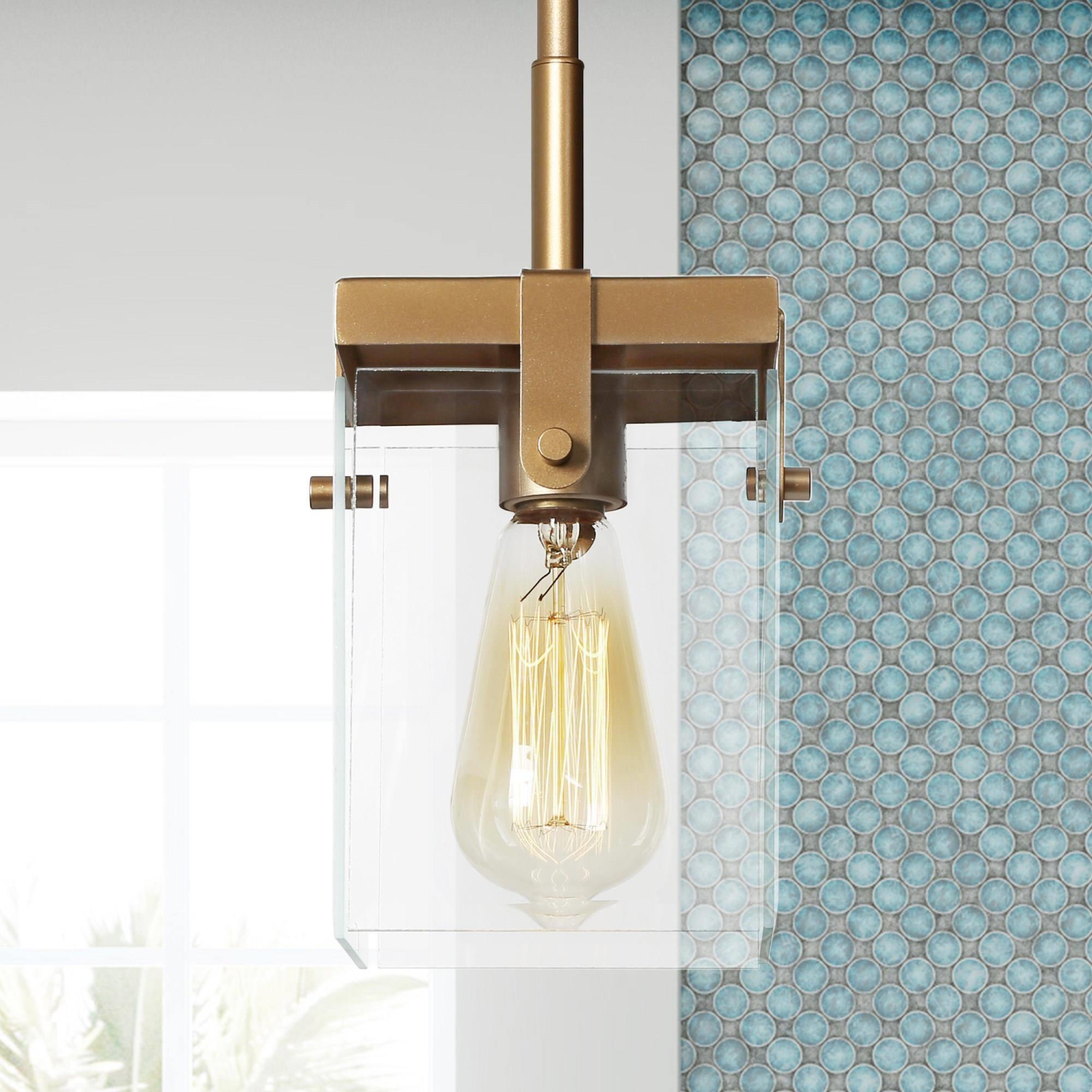 Modern Gold Island Pendant Light, 1-Light Square Bell Pendant Light with Clear Glass Shade