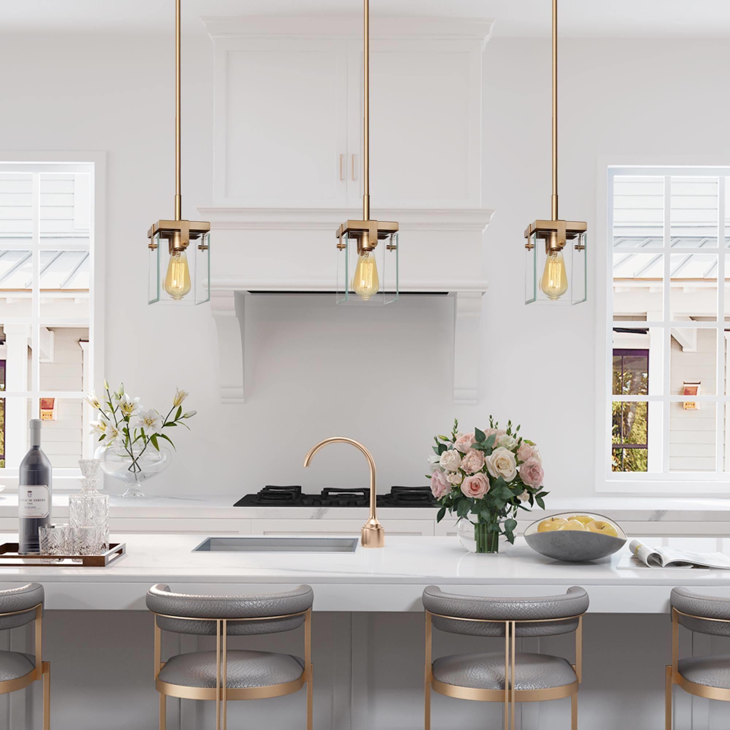 Modern Gold Island Pendant Light, 1-Light Square Bell Pendant Light with Clear Glass Shade