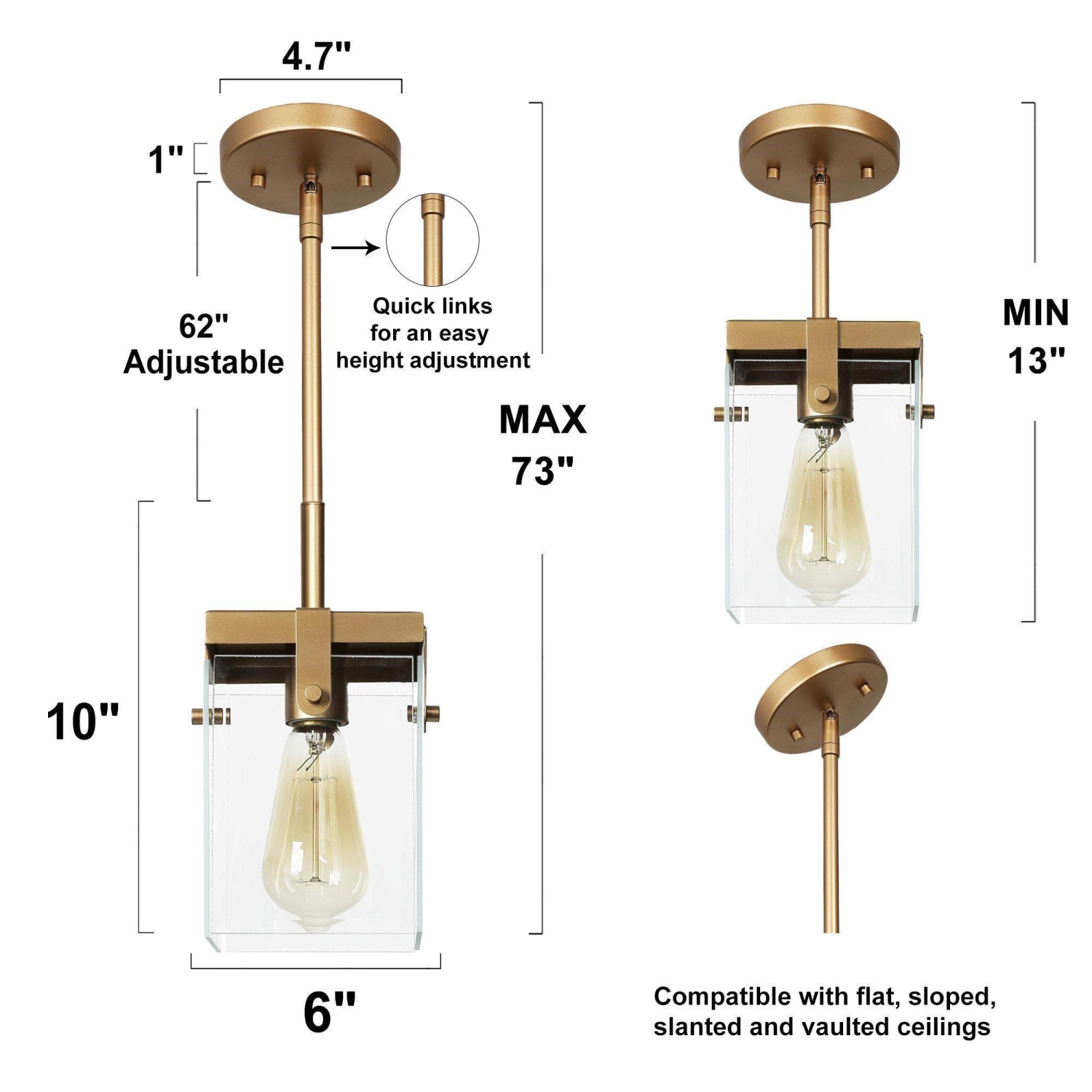 Modern Gold Island Pendant Light, 1-Light Square Bell Pendant Light with Clear Glass Shade