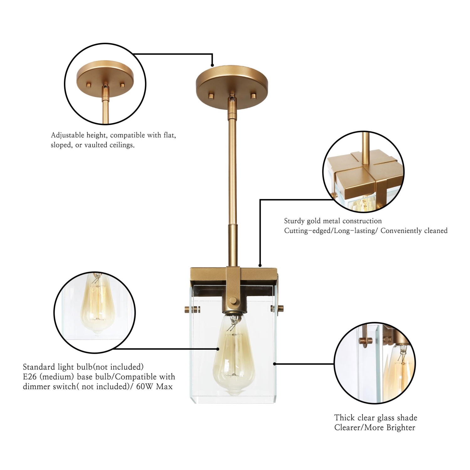 Modern Gold Island Pendant Light, 1-Light Square Bell Pendant Light with Clear Glass Shade