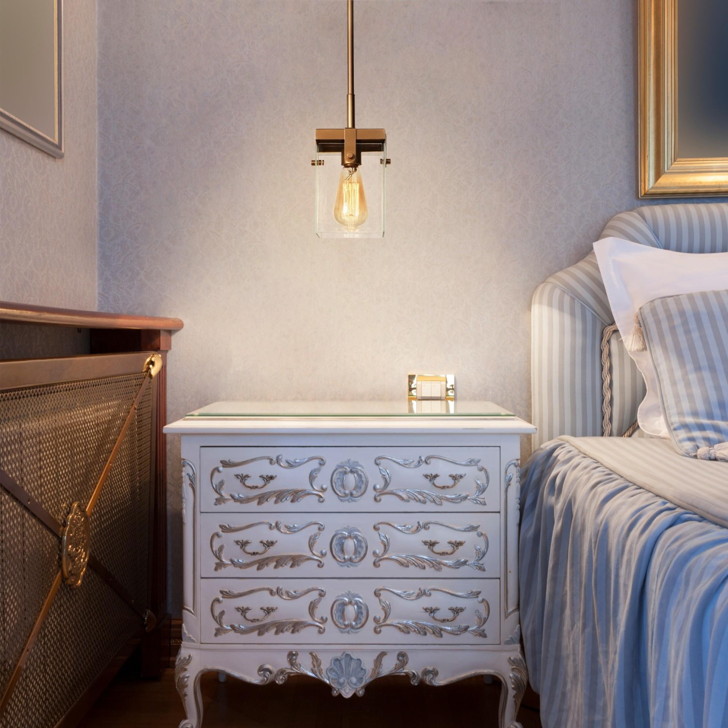 Modern Gold Island Pendant Light, 1-Light Square Bell Pendant Light with Clear Glass Shade