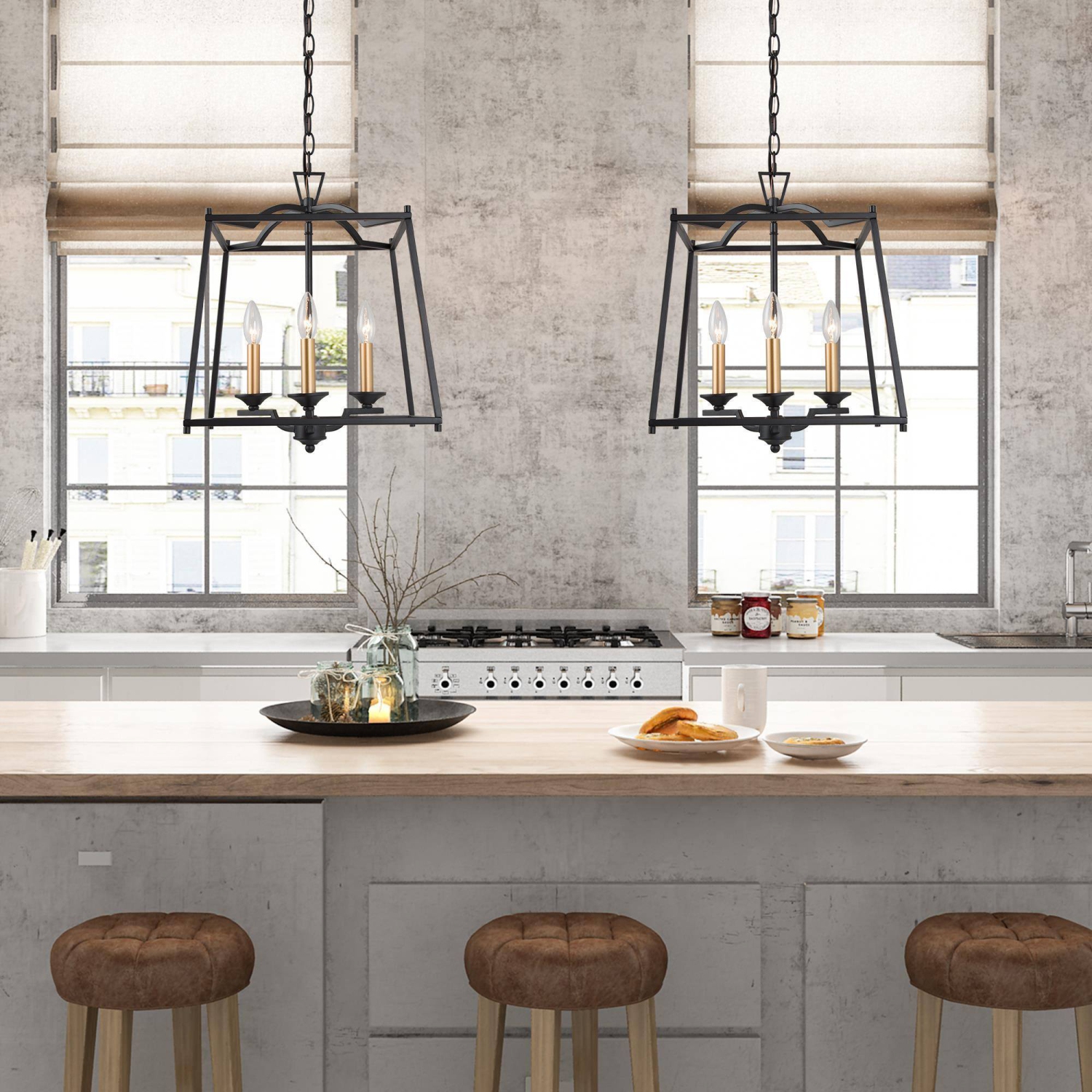 Modern Farmhouse Dining Room Chandelier, 3-Light Black Rectangle Lantern In Gold Candle Style