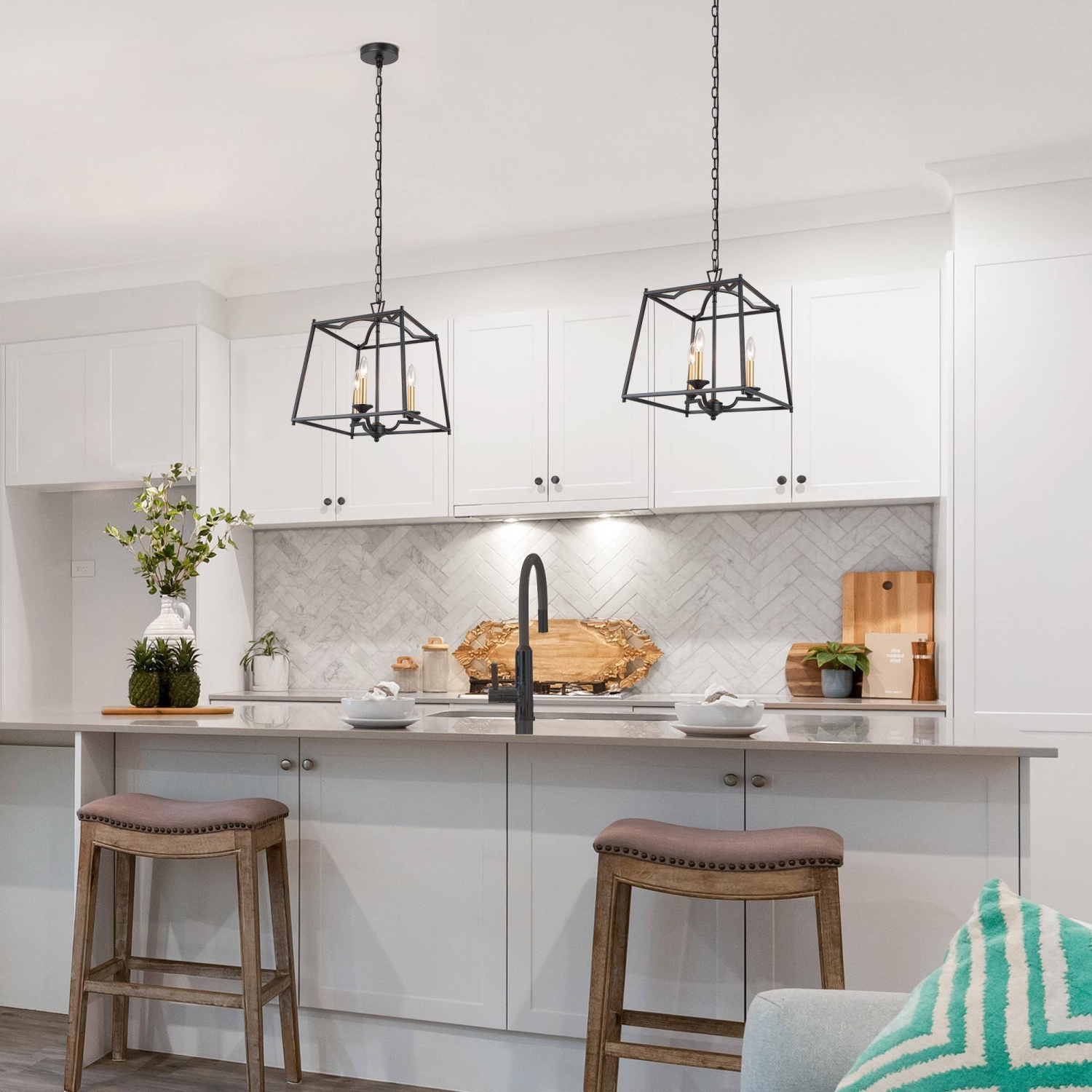 Modern Farmhouse Dining Room Chandelier, 3-Light Black Rectangle Lantern In Gold Candle Style