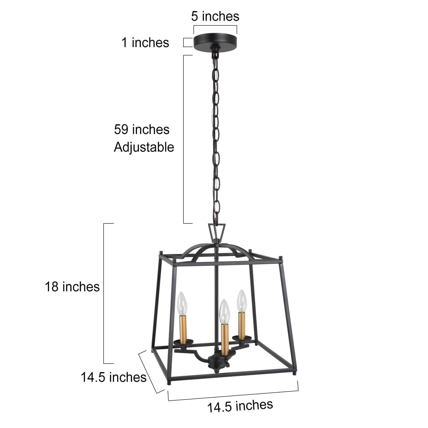 Modern Farmhouse Dining Room Chandelier, 3-Light Black Rectangle Lantern In Gold Candle Style