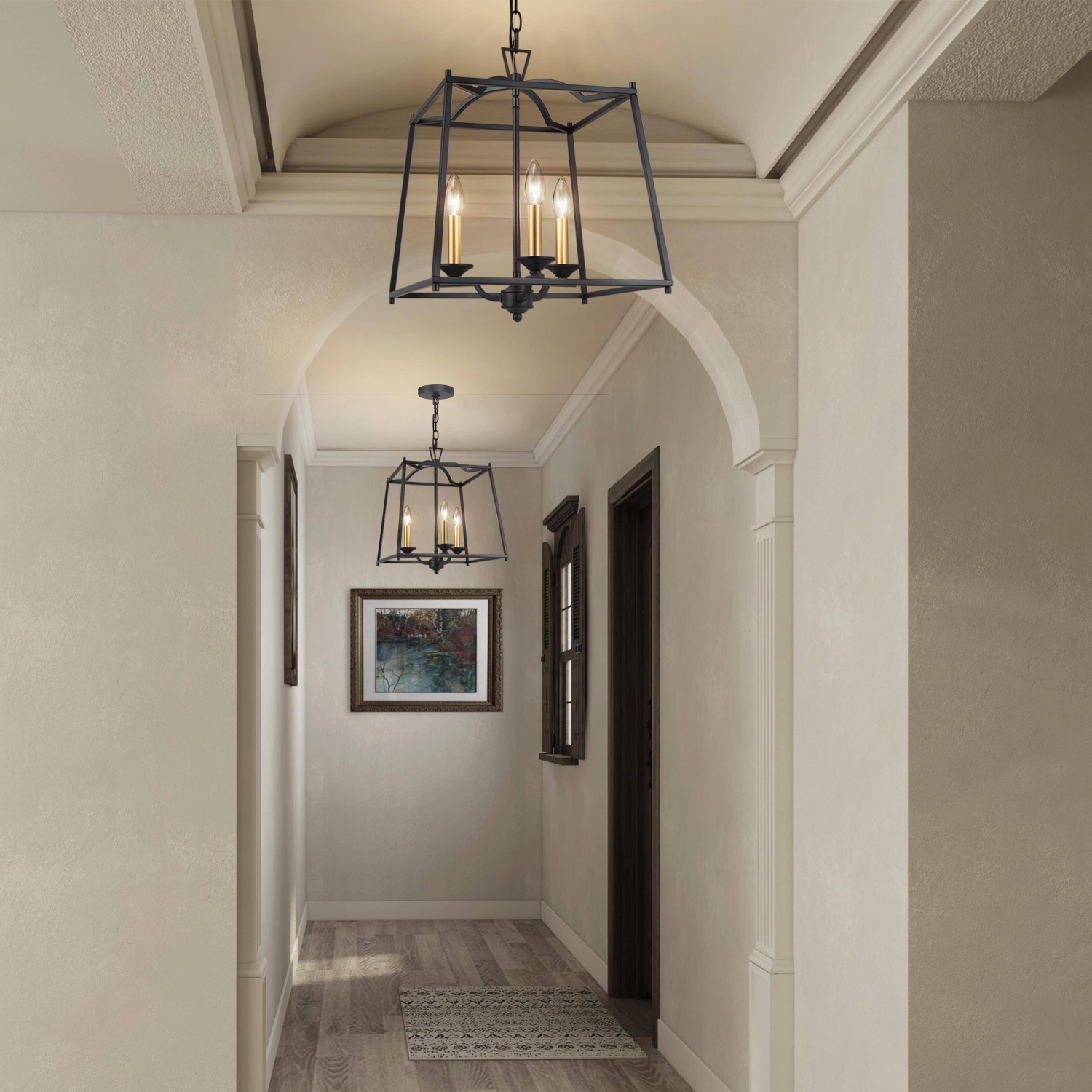 Modern Farmhouse Dining Room Chandelier, 3-Light Black Rectangle Lantern In Gold Candle Style