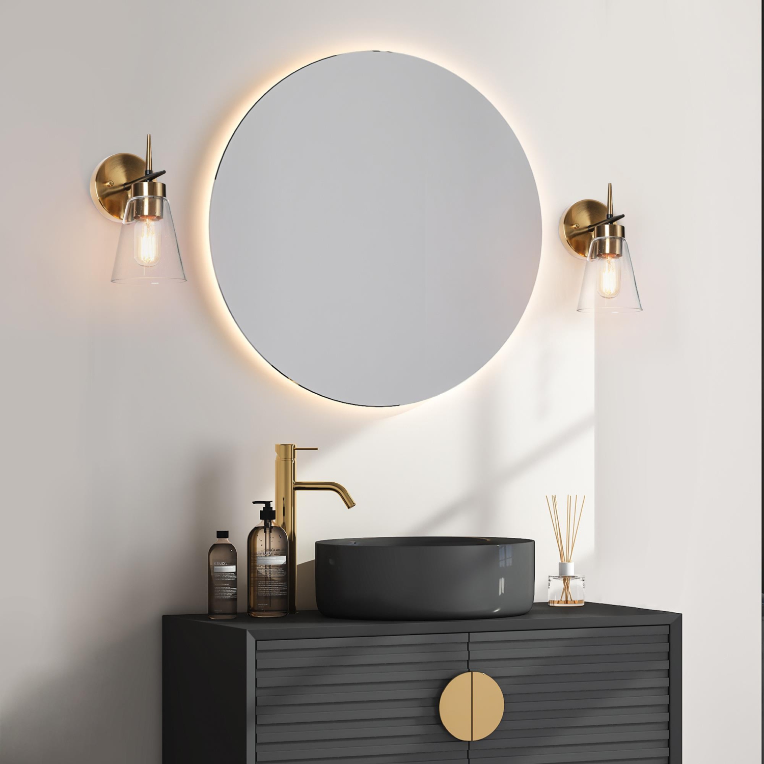 Modern 1-Light Brass Gold Bathroom Wall Light, Black Wall Sconce with Cylinder Clear Glass Shades Bath Light