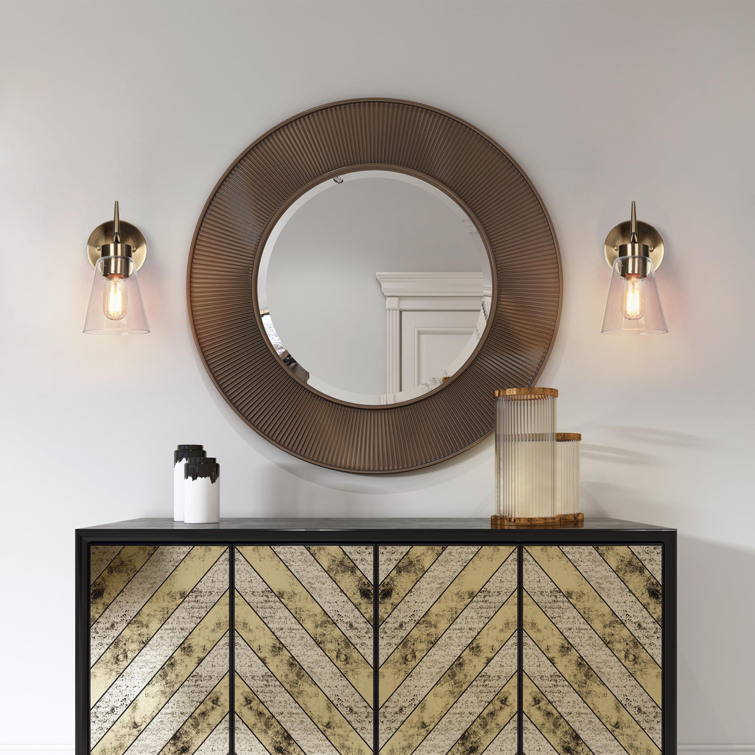 Modern 1-Light Brass Gold Bathroom Wall Light, Black Wall Sconce with Cylinder Clear Glass Shades Bath Light