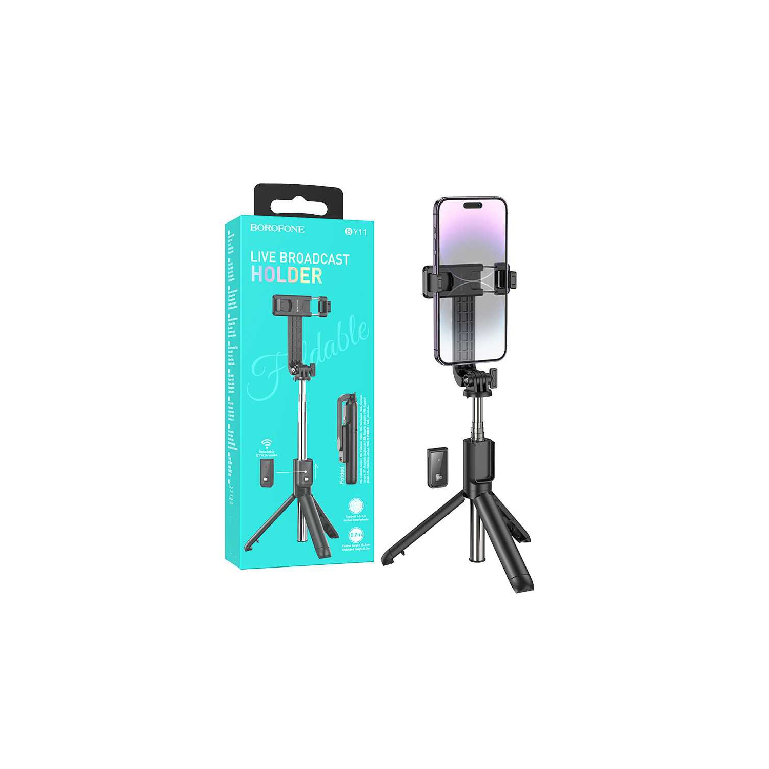 Perche à égoportrait Bluetooth avec télécommande BY11 de BOROFONE et trépied de bureau; Support de bureau; Support portatif et élastique;