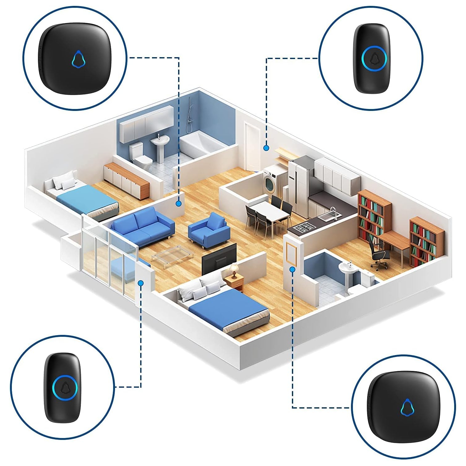 Sonnette sans fil, volume réglable, 58 carillons, installation facile, portée de fonctionnement de 1000ft km voyant DEL, noir