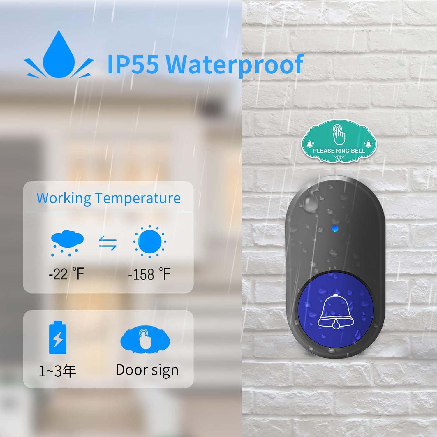 Wireless Doorbell Operate at 1300ft Range with 55 Melodies 5 Adjustable Volume Levels Mute Mode LED Indicator Waterproof Door Bell ,2 Buttons 1
