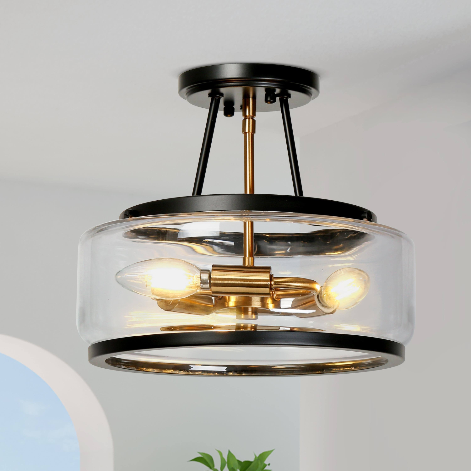 Black Kitchen Semi-flush Mount Ceiling Light, 3-Light 11.8-in Black with Clear Bowl Glass LED Semi-Flush mount light