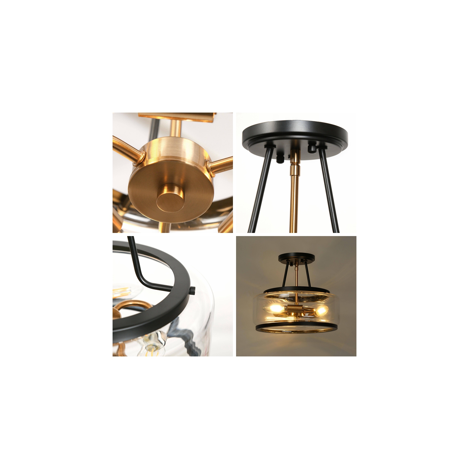 Black Kitchen Semi-flush Mount Ceiling Light, 3-Light 11.8-in Black with Clear Bowl Glass LED Semi-Flush mount light