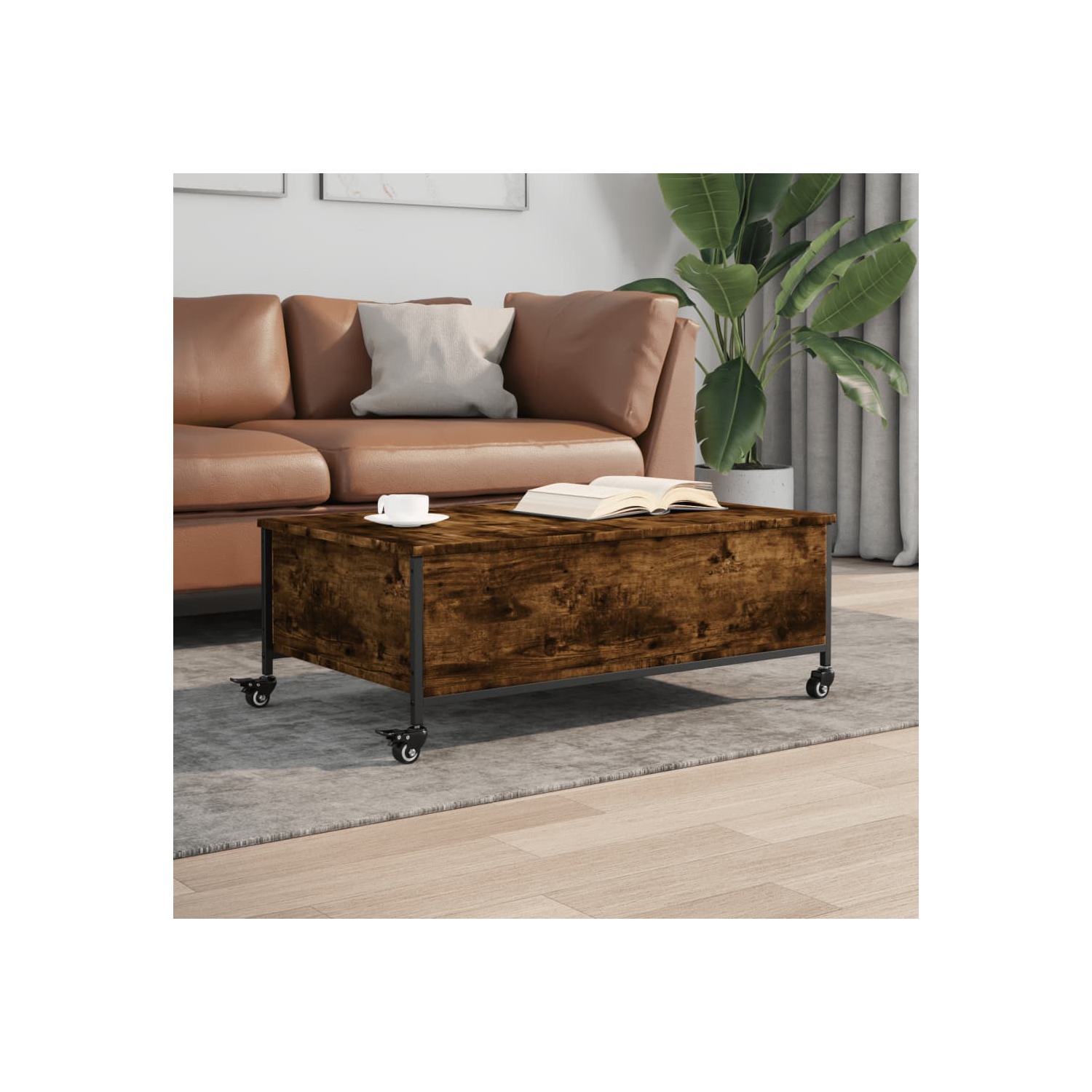 Table basse vidaXL à roulettes en chêne fumé 91 x 55 x 34 cm, bois d'ingénierie