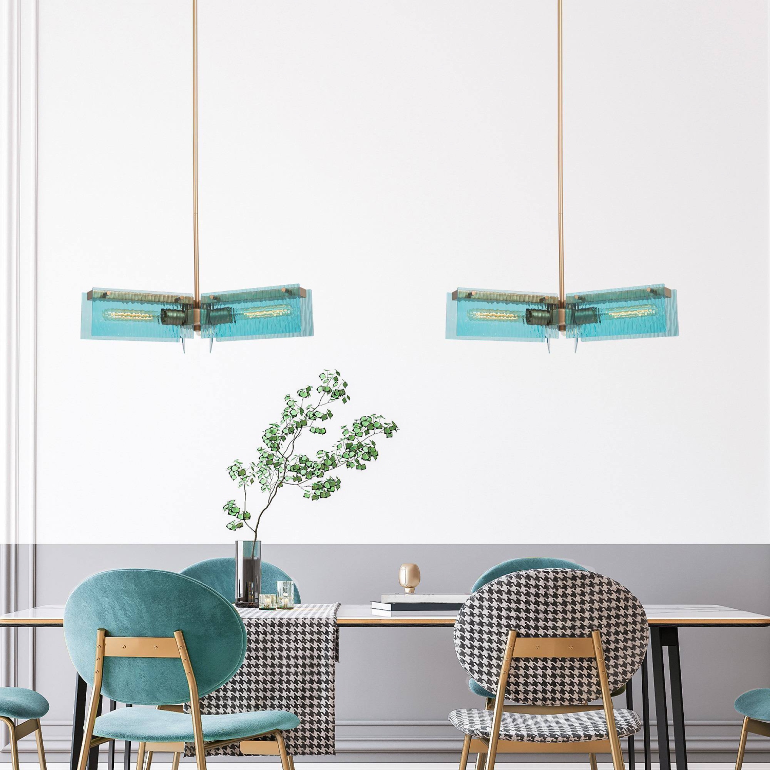 Modern Blue Dining Room Chandelier, 20 in. 3-Light Gold Sputnik Island Chandelier with Blue Glass Shades