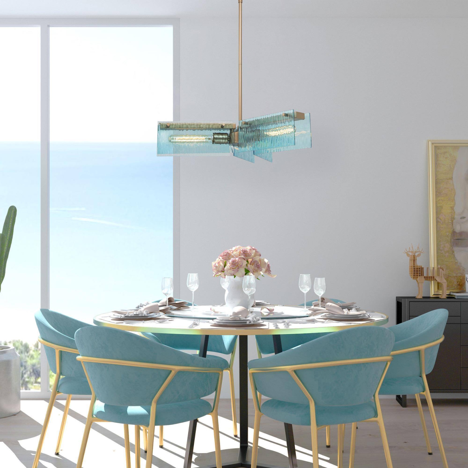 Modern Blue Dining Room Chandelier, 20 in. 3-Light Gold Sputnik Island Chandelier with Blue Glass Shades