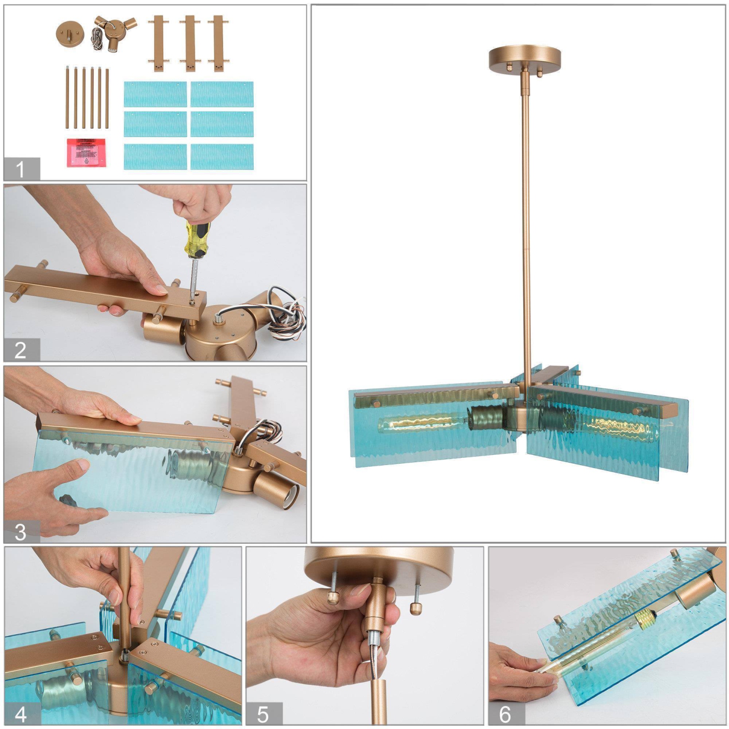 Modern Blue Dining Room Chandelier, 20 in. 3-Light Gold Sputnik Island Chandelier with Blue Glass Shades