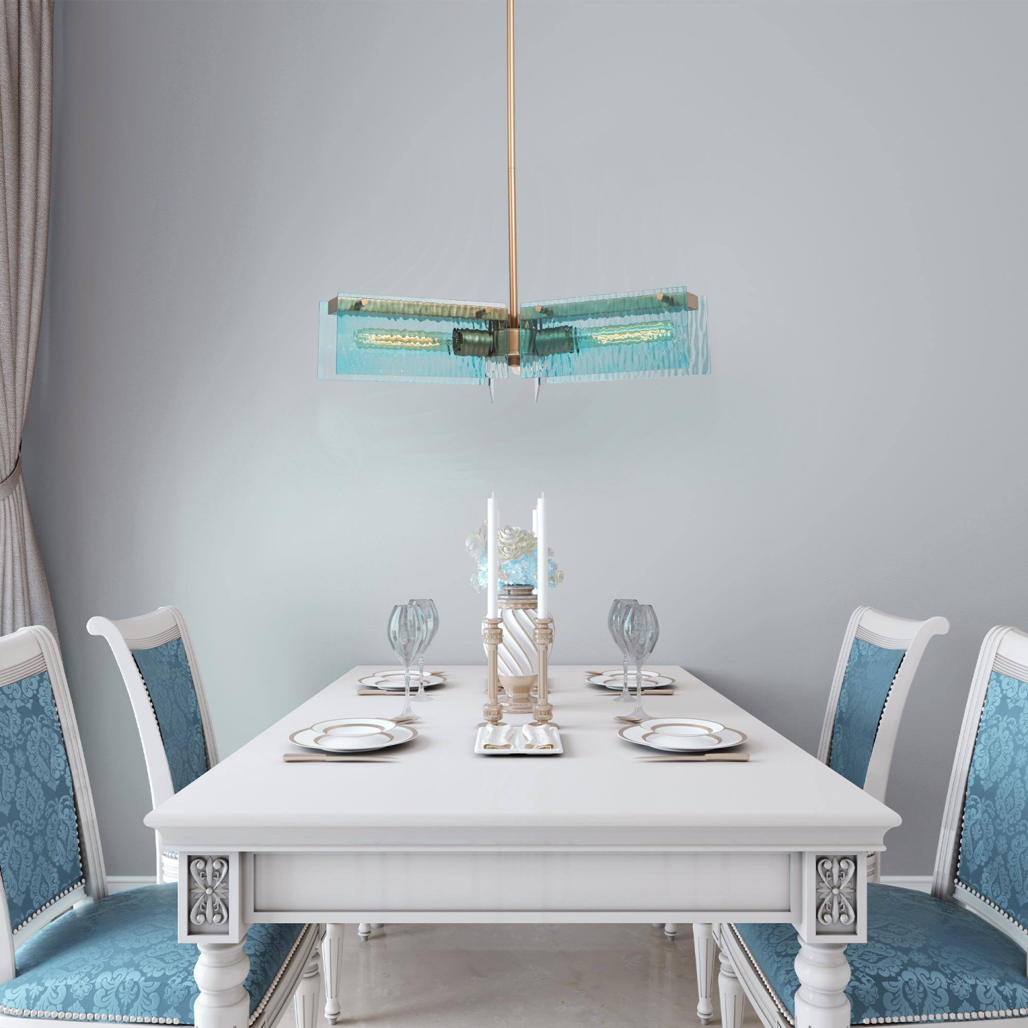 Modern Blue Dining Room Chandelier, 20 in. 3-Light Gold Sputnik Island Chandelier with Blue Glass Shades