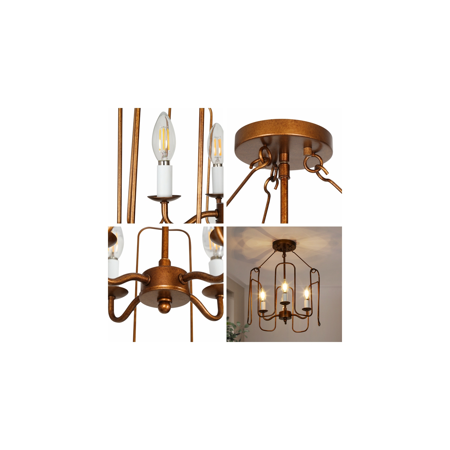 Modern Brass Gold Ceiling Light, Modern Brass Gold Ceiling Light, 4-Light Antique Gold In Drum Shape LED Semi-Flush mount light