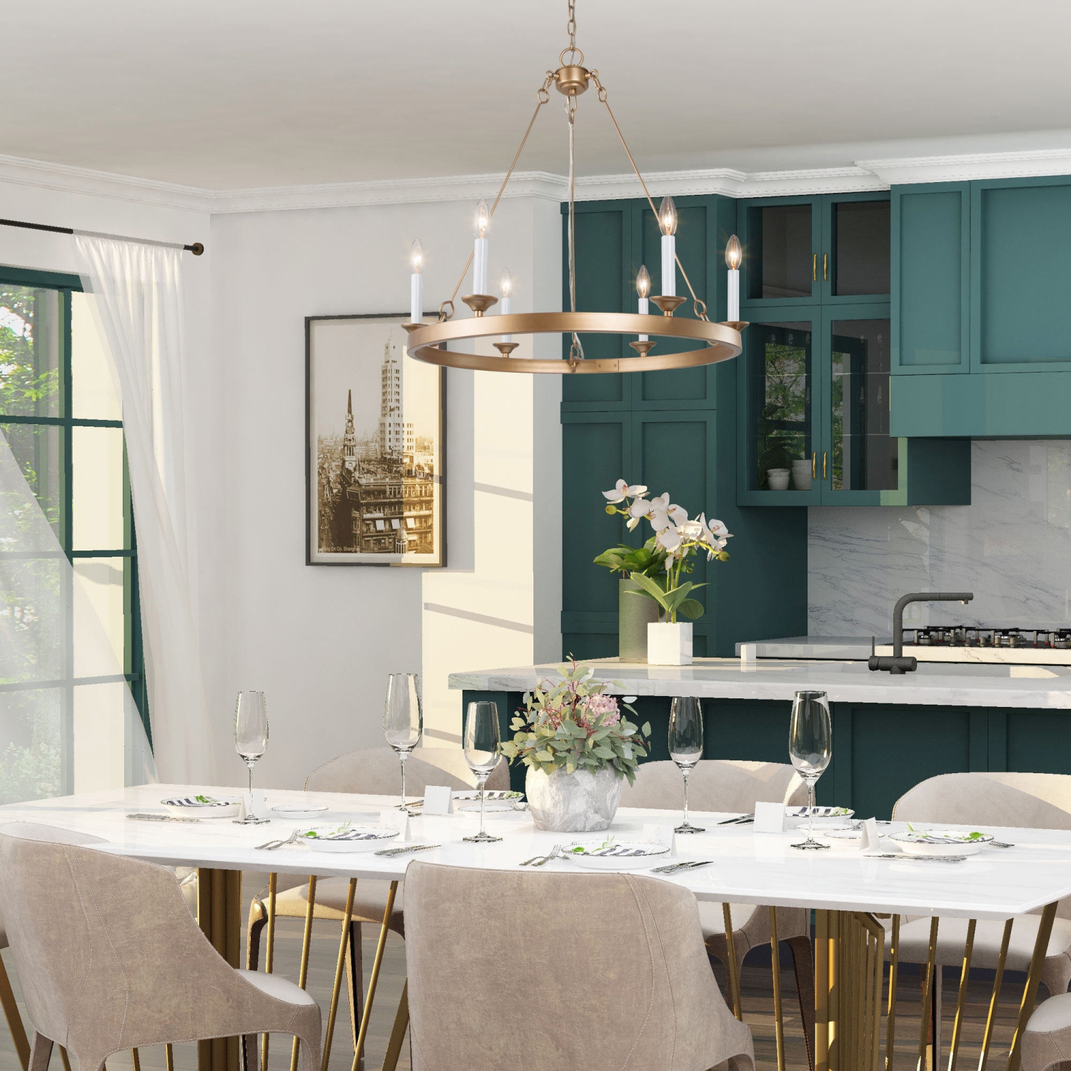 Modern Gold Dining Room Chandelier, 6-Light Farmhouse Brass Wagon Wheel Bedroom Chandelier with White Candlestick Lights