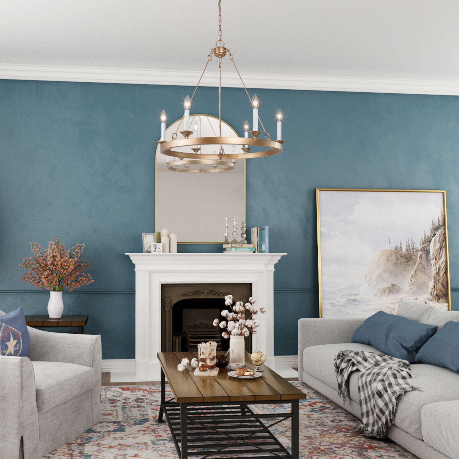 Modern Gold Dining Room Chandelier, 6-Light Farmhouse Brass Wagon Wheel Bedroom Chandelier with White Candlestick Lights