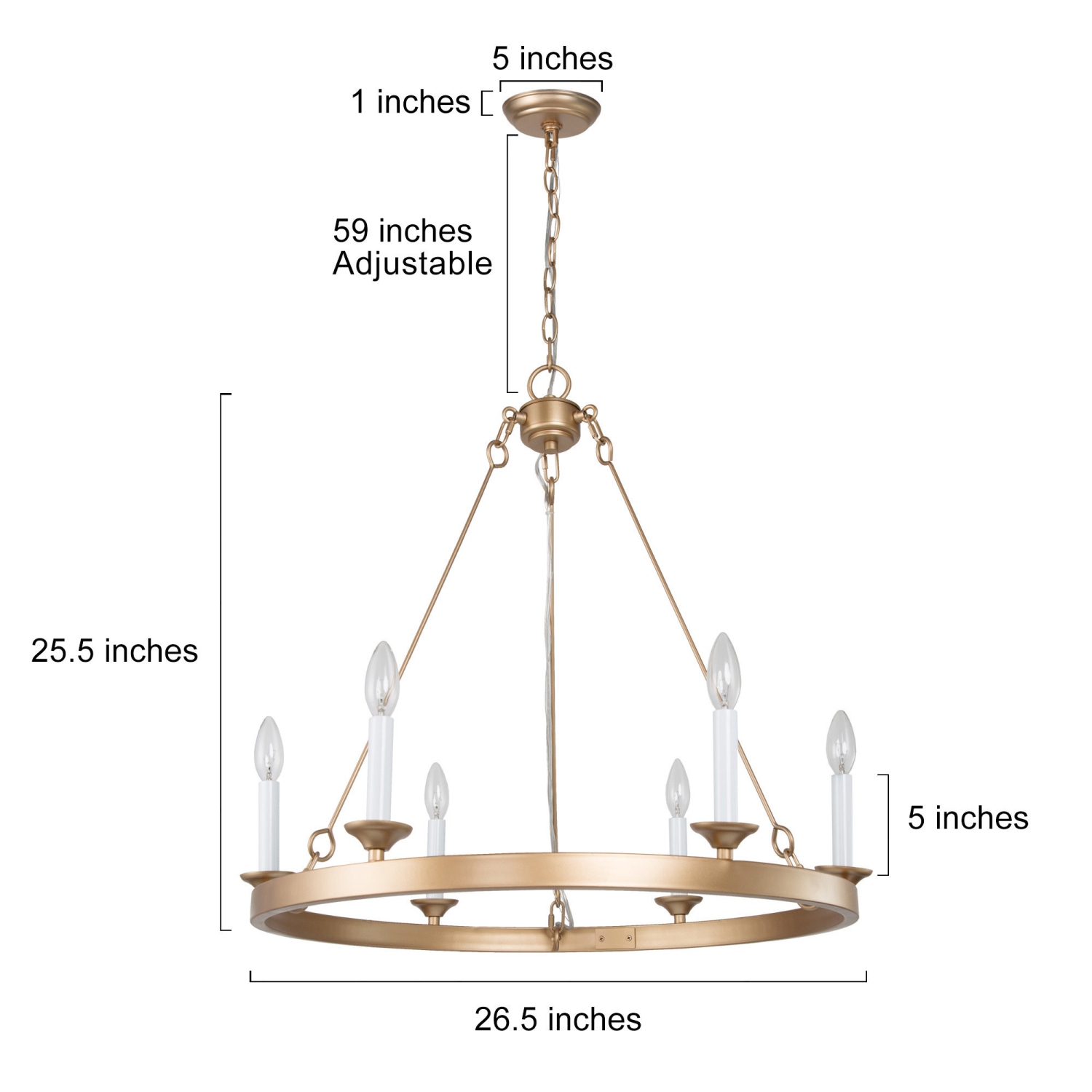 Modern Gold Dining Room Chandelier, 6-Light Farmhouse Brass Wagon Wheel Bedroom Chandelier with White Candlestick Lights