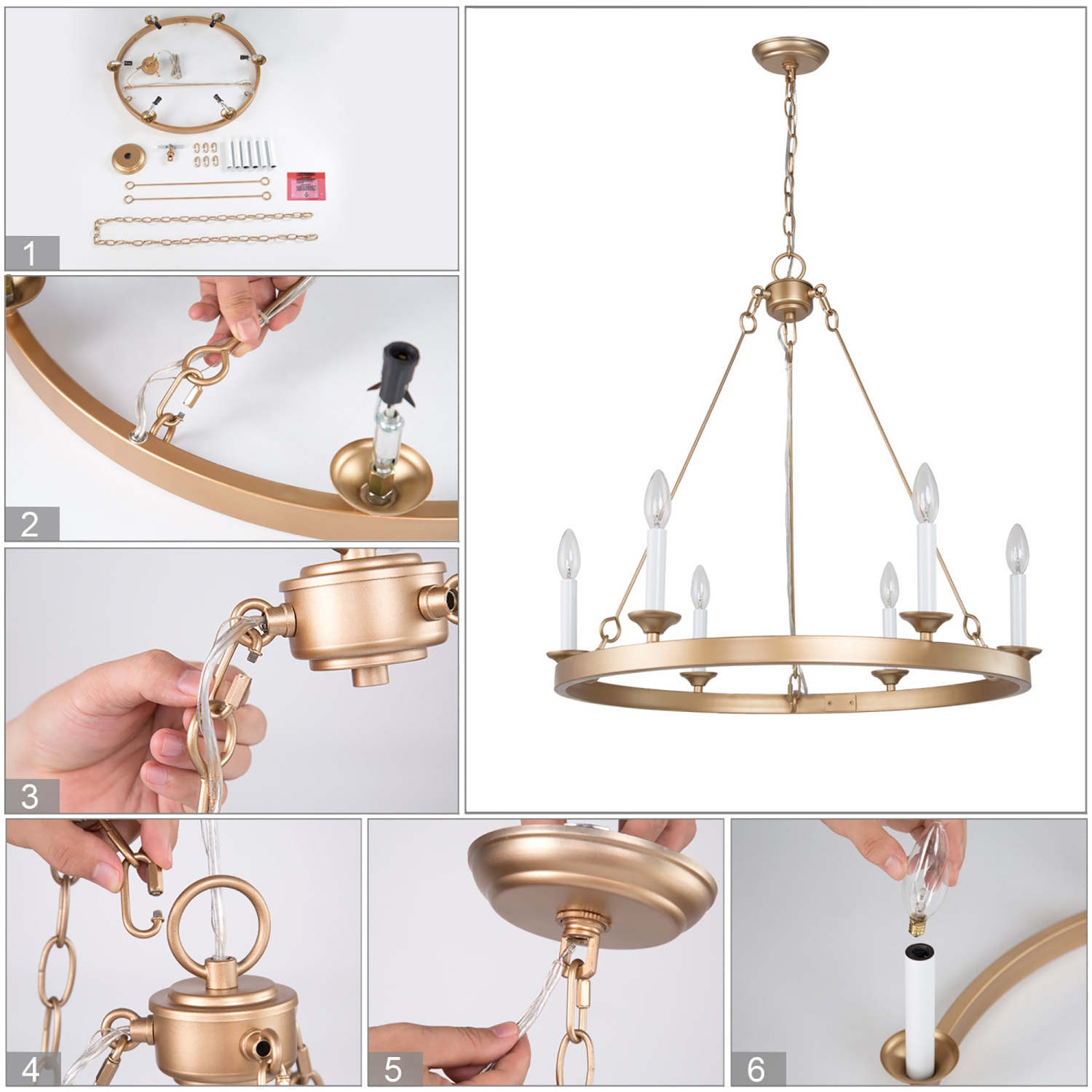 Modern Gold Dining Room Chandelier, 6-Light Farmhouse Brass Wagon Wheel Bedroom Chandelier with White Candlestick Lights