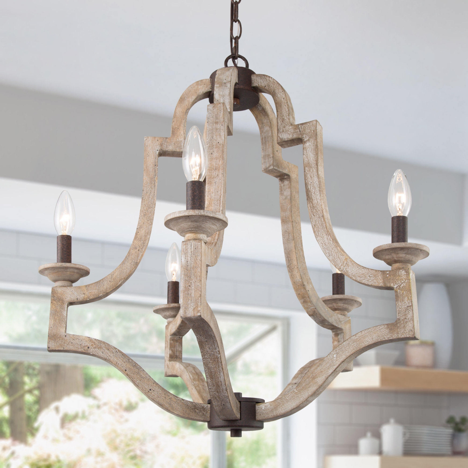 Lanterne suspension en bois 5 lumières Lustre rustique de salle à manger Lustre d'îlot avec style bougie champêtre