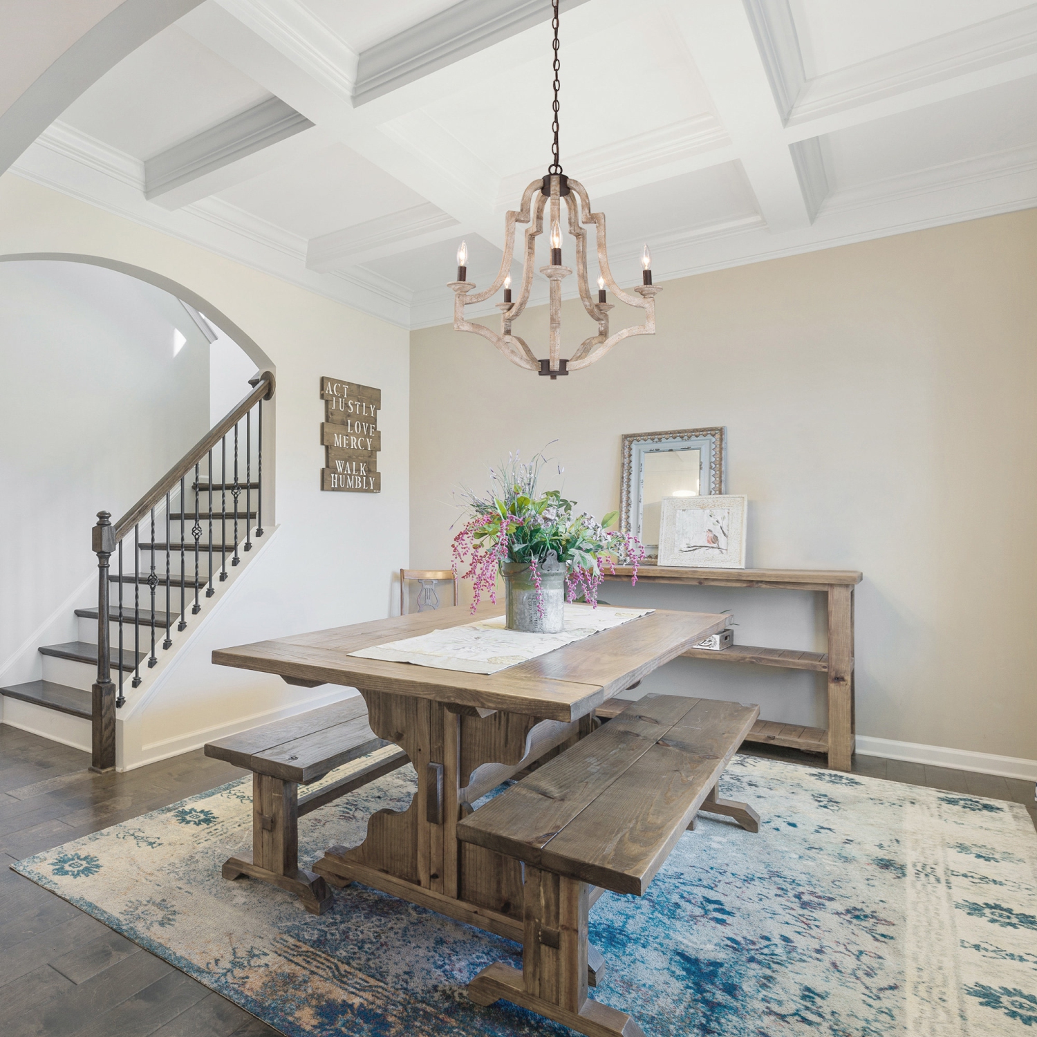 Lanterne suspension en bois 5 lumières Lustre rustique de salle à manger Lustre d'îlot avec style bougie champêtre