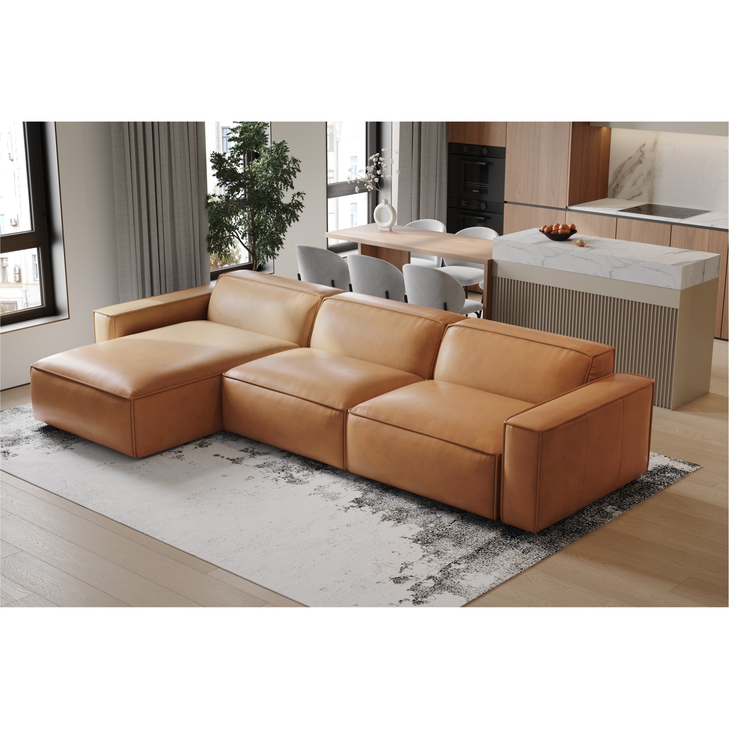 Valencia Nathan Aniline Nappa 11000 cuir pleine fleur Modular Brun caramel 3 places et canapé chaises gauche