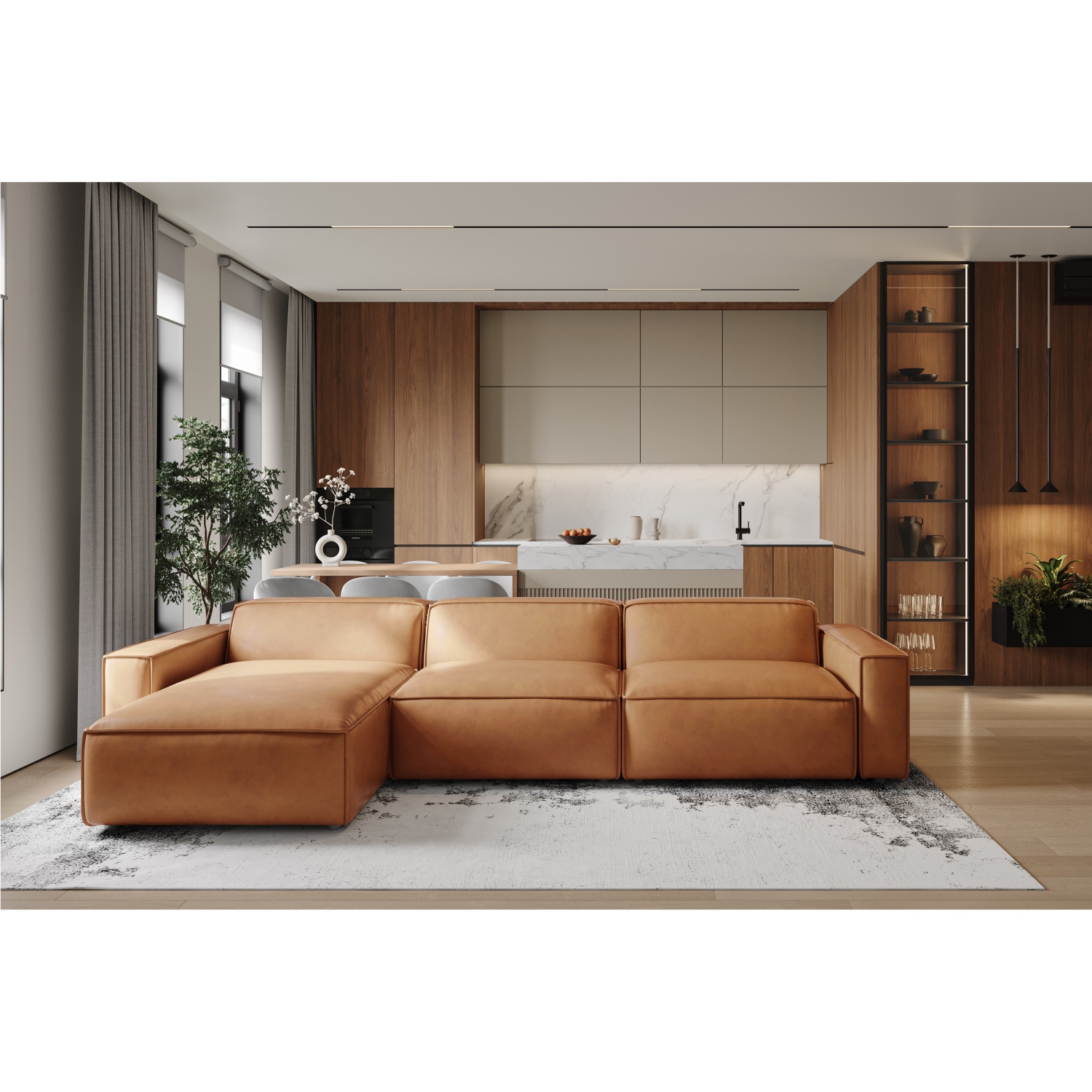 Valencia Nathan Aniline Nappa 11000 cuir pleine fleur Modular Brun caramel 3 places et canapé chaises gauche