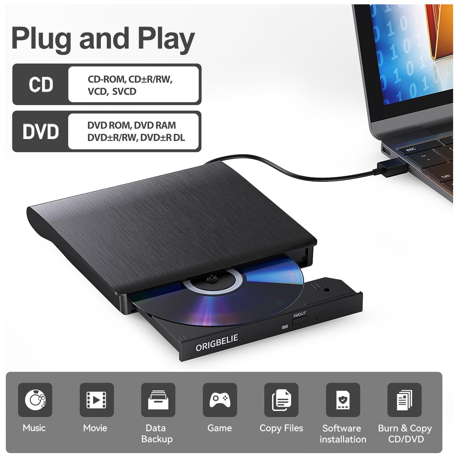ORIGBELIE External CD/DVD Drive for Laptop, USB 3.0 CD Burner +/-RW CD ROM External DVD Drive Portable DVD Player for Laptop Desktop