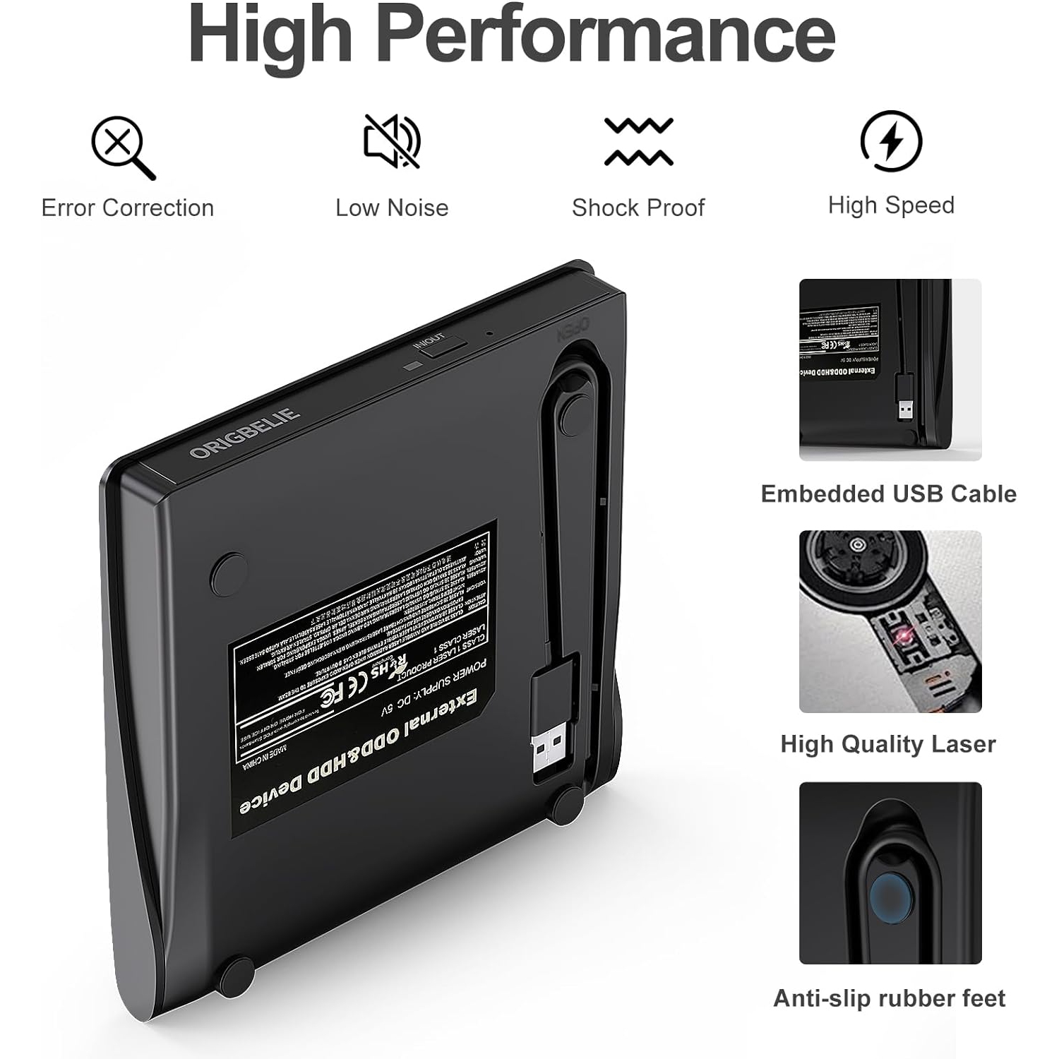 ORIGBELIE External CD/DVD Drive for Laptop, USB 3.0 CD Burner +/-RW CD ROM External DVD Drive Portable DVD Player for Laptop Desktop