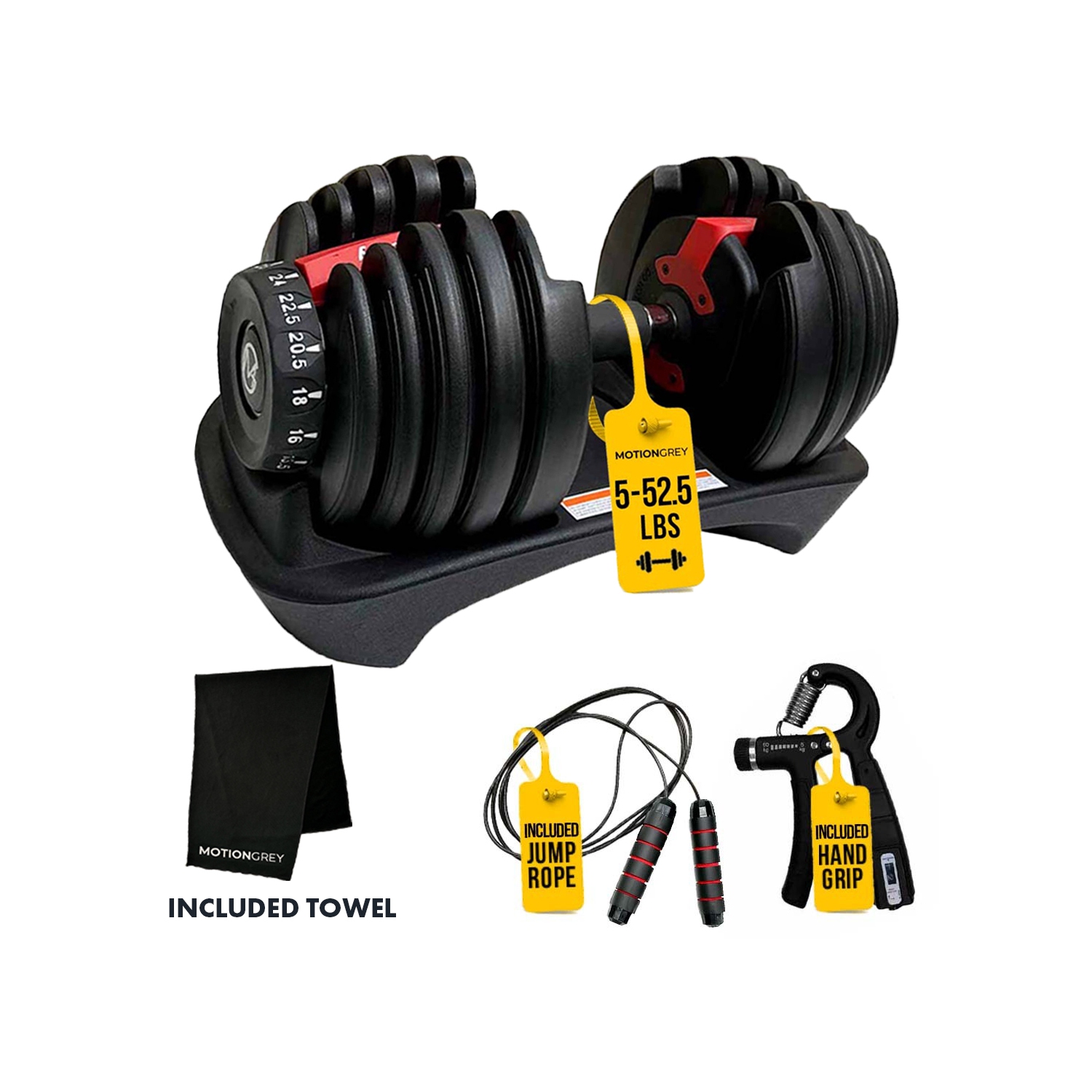 MotionGrey Adjustable Dumbbell 5 to 52.5 LB, Free High Strength Hand Grip Included 15 Adjustable Weight Settings Dumb Bell Barbell, Anti-slip Metal