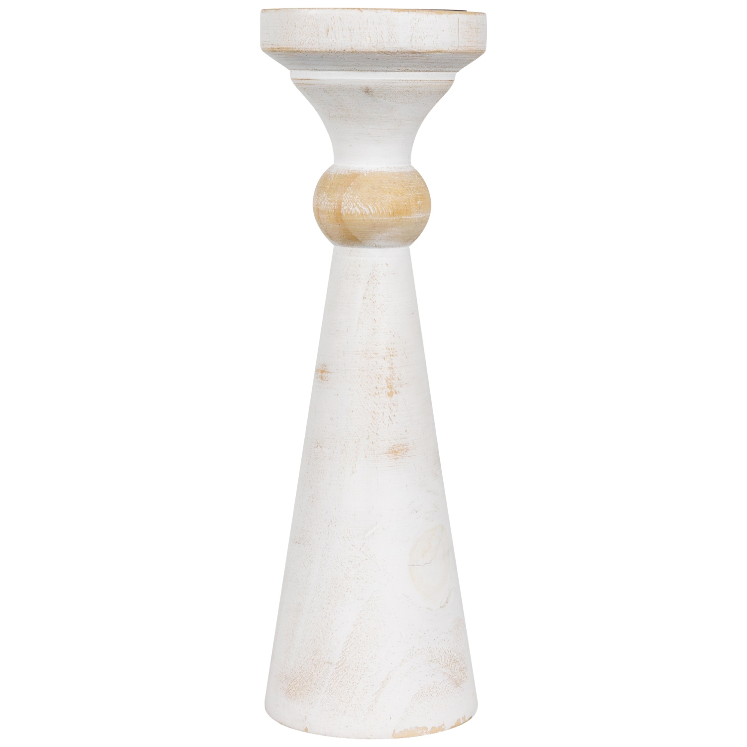 Wooden Pedestal Pillar Candle Holder - 12" - Brushed Antique White