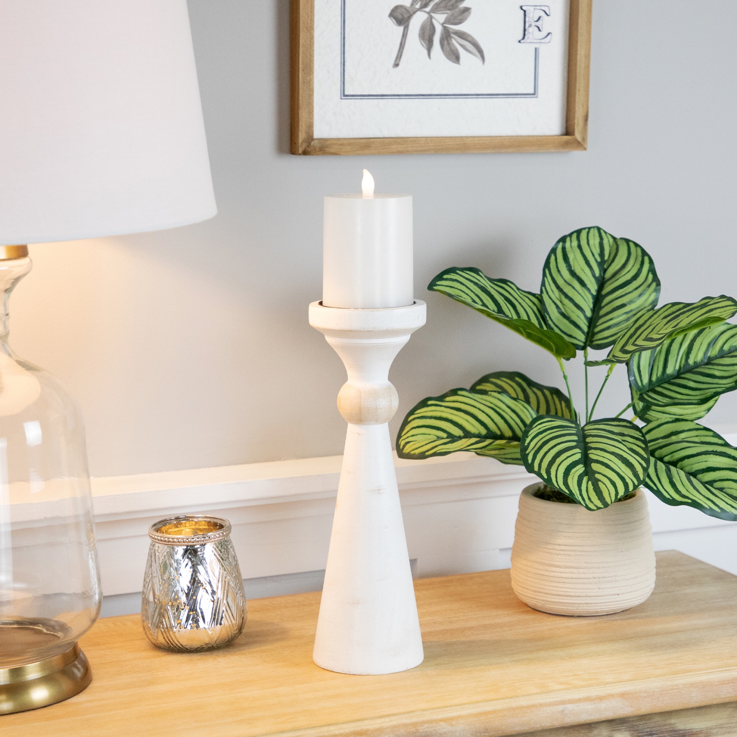 Wooden Pedestal Pillar Candle Holder - 12" - Brushed Antique White