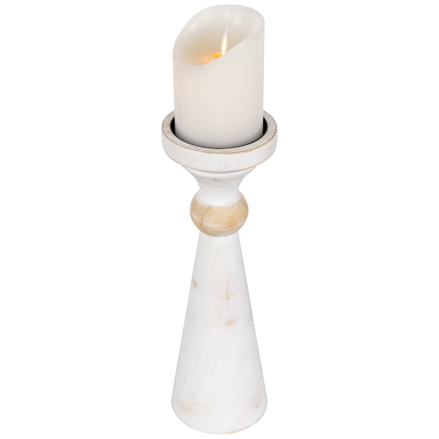 Wooden Pedestal Pillar Candle Holder - 12" - Brushed Antique White
