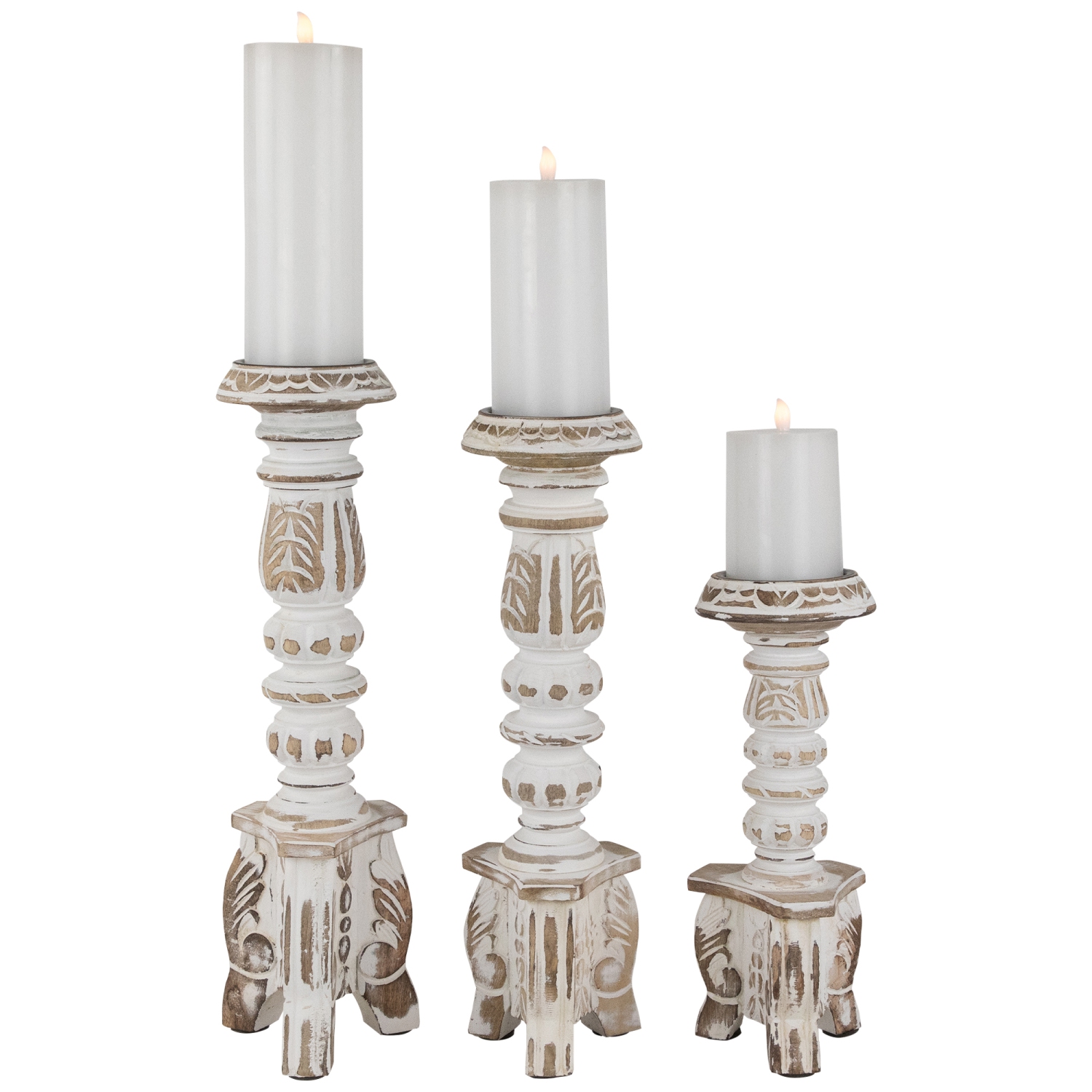 Set of 3 Brushed White Tripod Wooden Pillar Candle Holders 18"