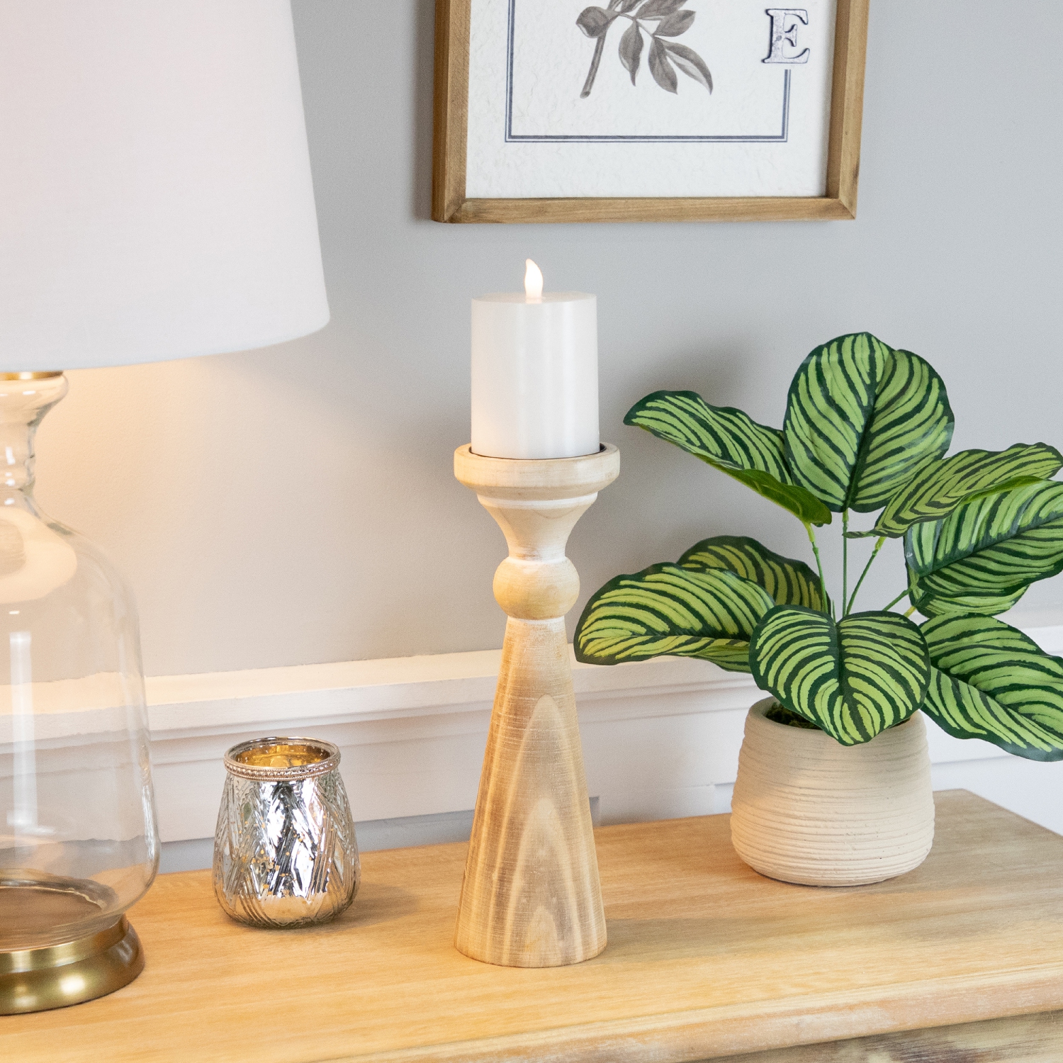 Two Tone Wooden Pedestal Pillar Candle Holder - 12"