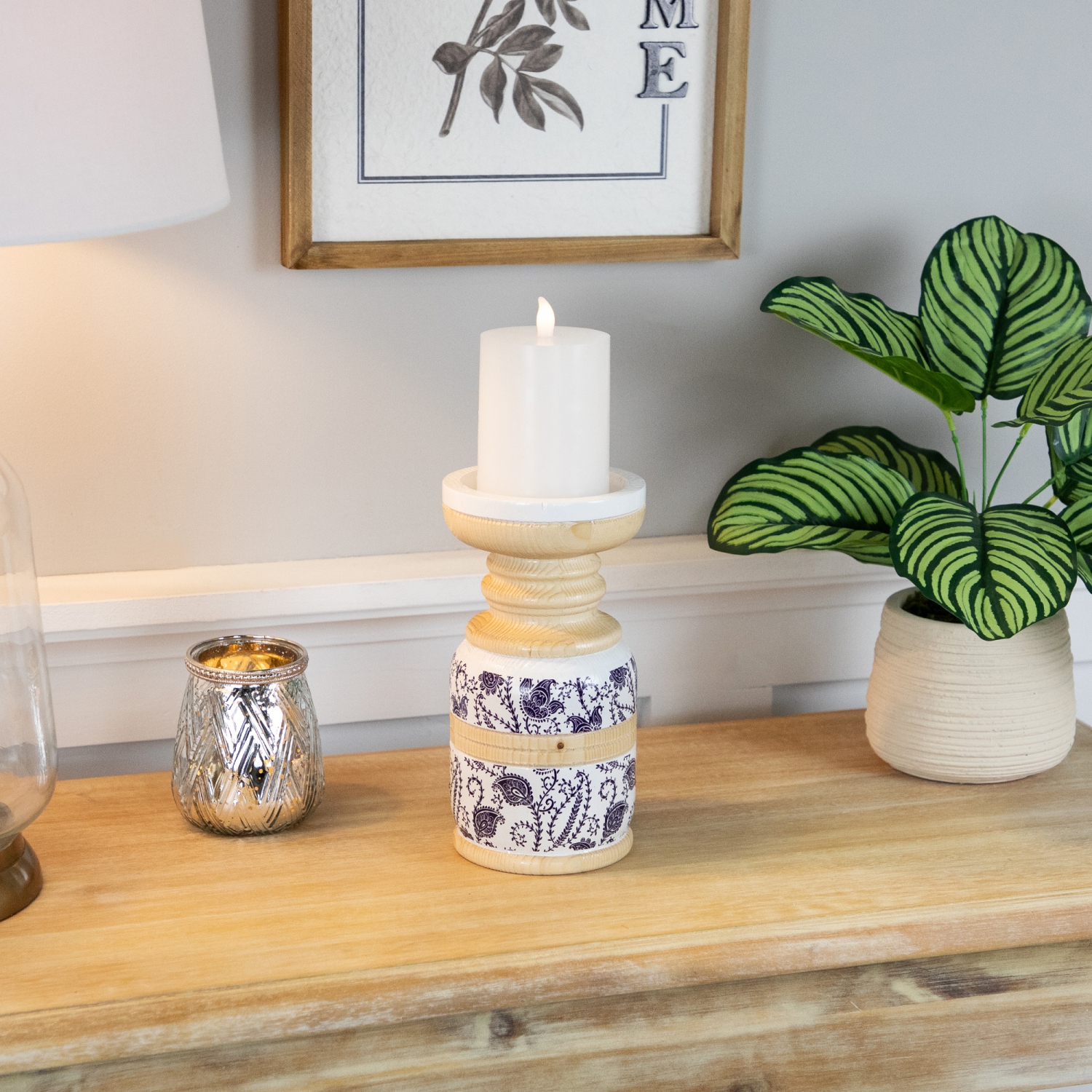 Porte-bougie en bois Paisley - 8,5 po - Blanc et bleu