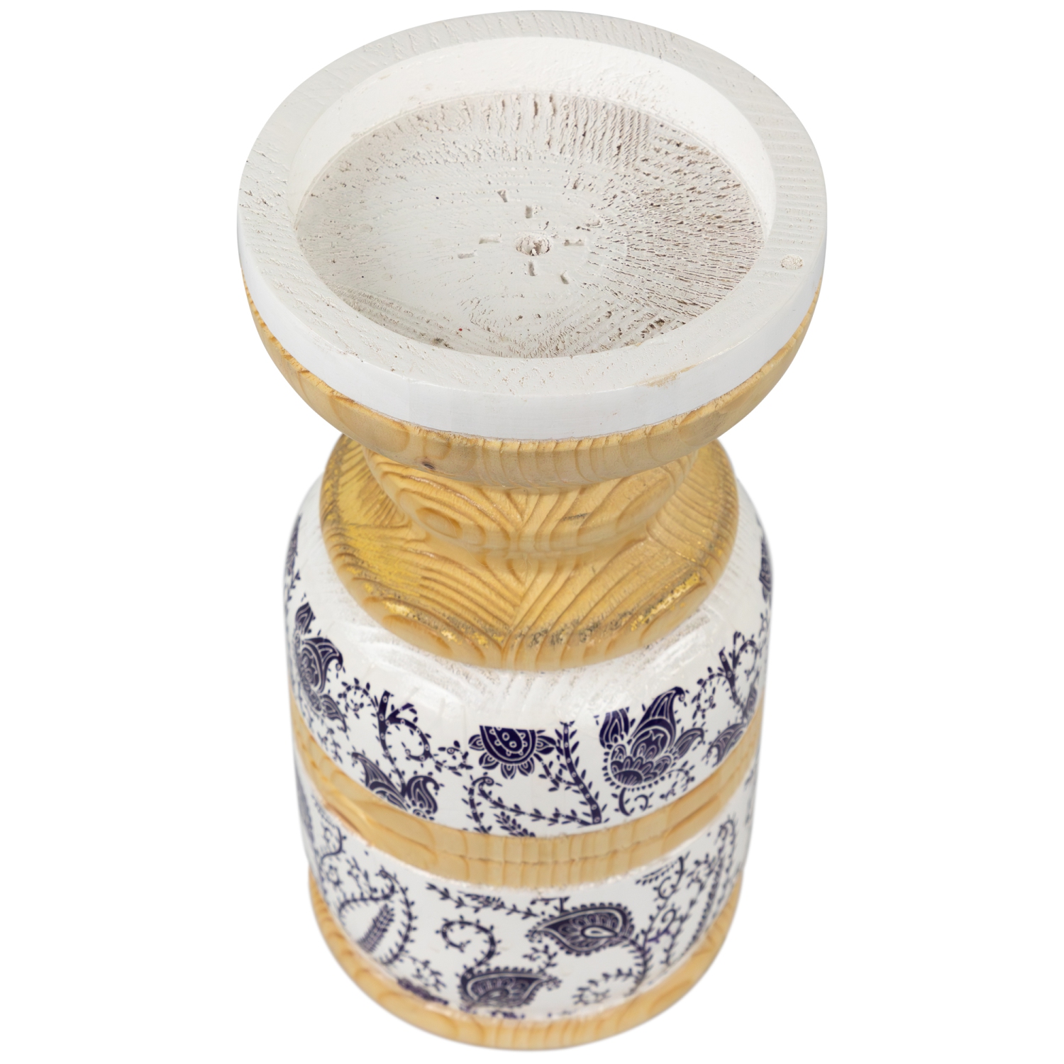 Porte-bougie en bois Paisley - 8,5 po - Blanc et bleu