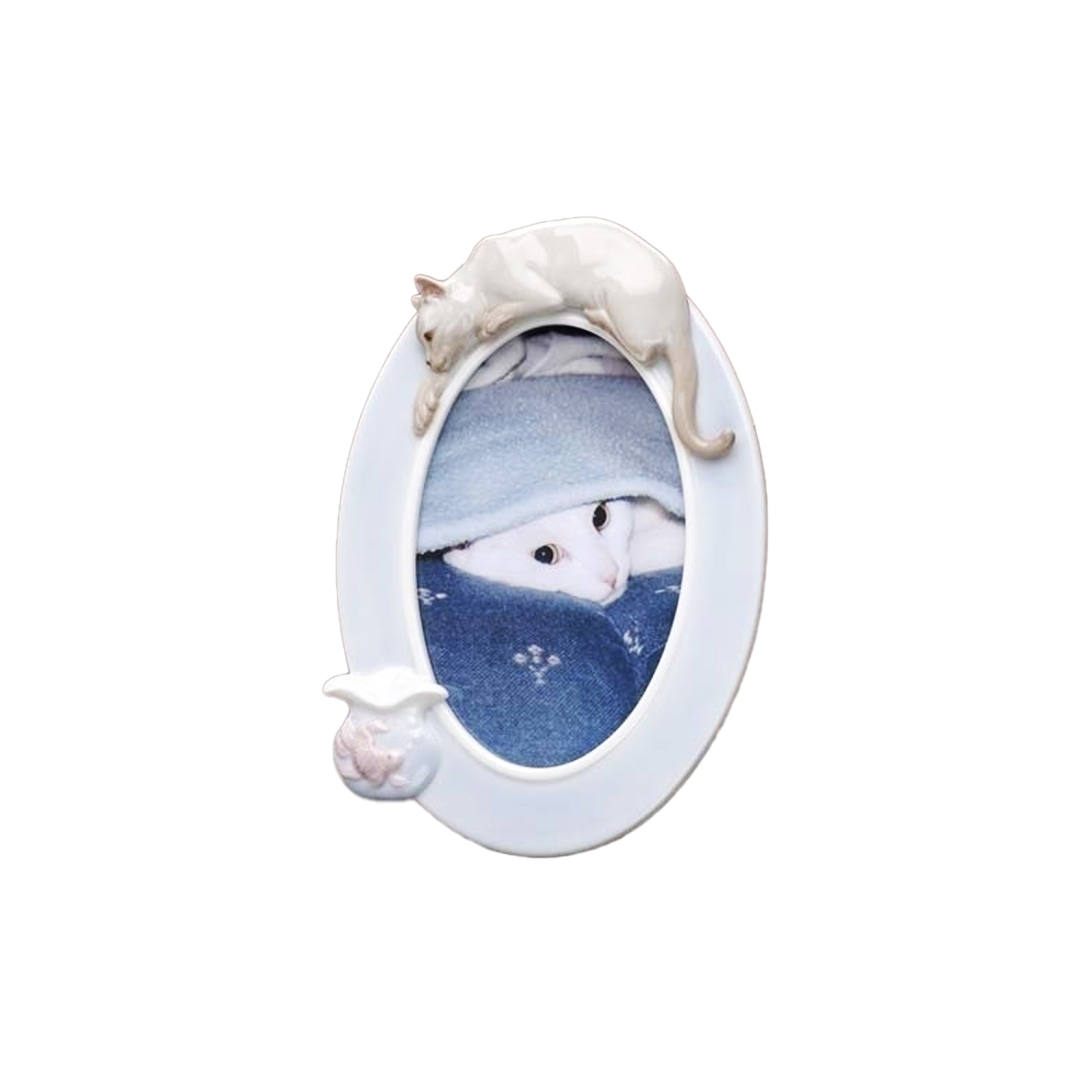 Cadre photo ovale en porcelaine, bol de chat et poisson, pour photo de 4 x 6&nbsp;po